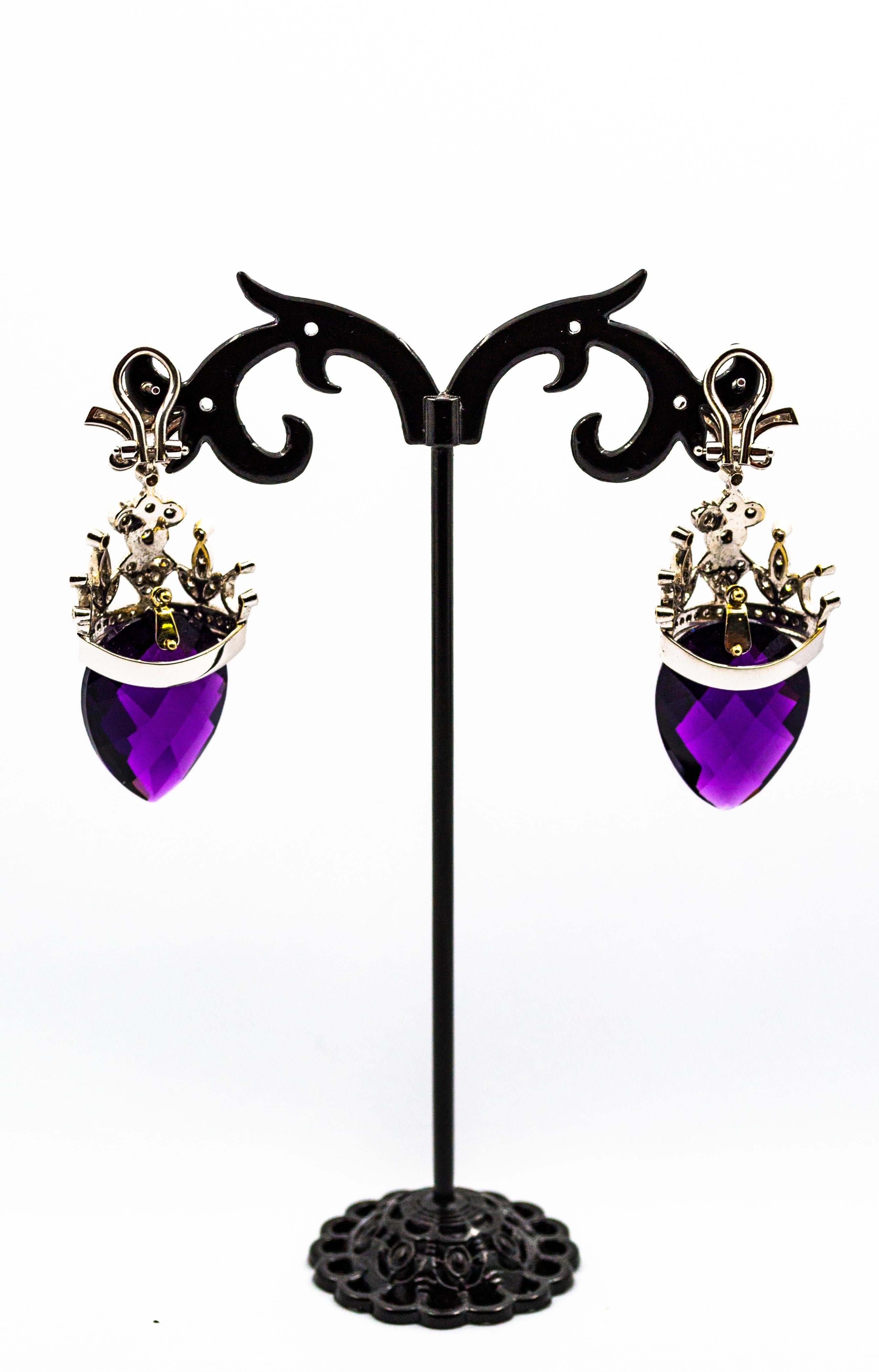 Taille brillant Boucles d'oreilles à clip en or blanc, diamant blanc et améthyste de 1,20 carat, style Art Déco en vente