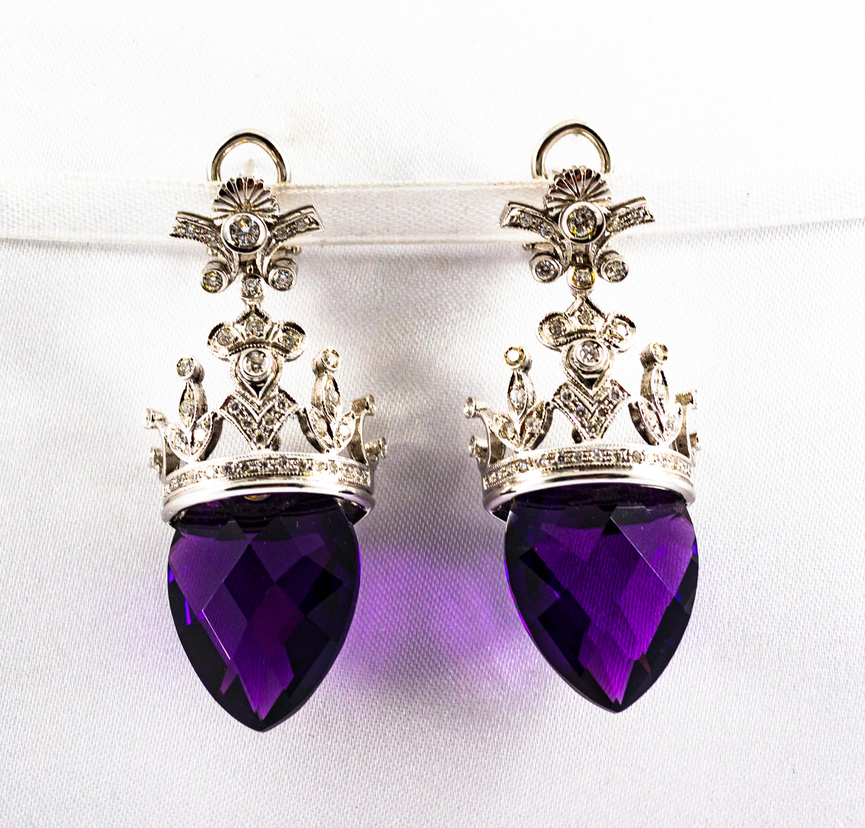 Boucles d'oreilles à clip en or blanc, diamant blanc et améthyste de 1,20 carat, style Art Déco Unisexe en vente