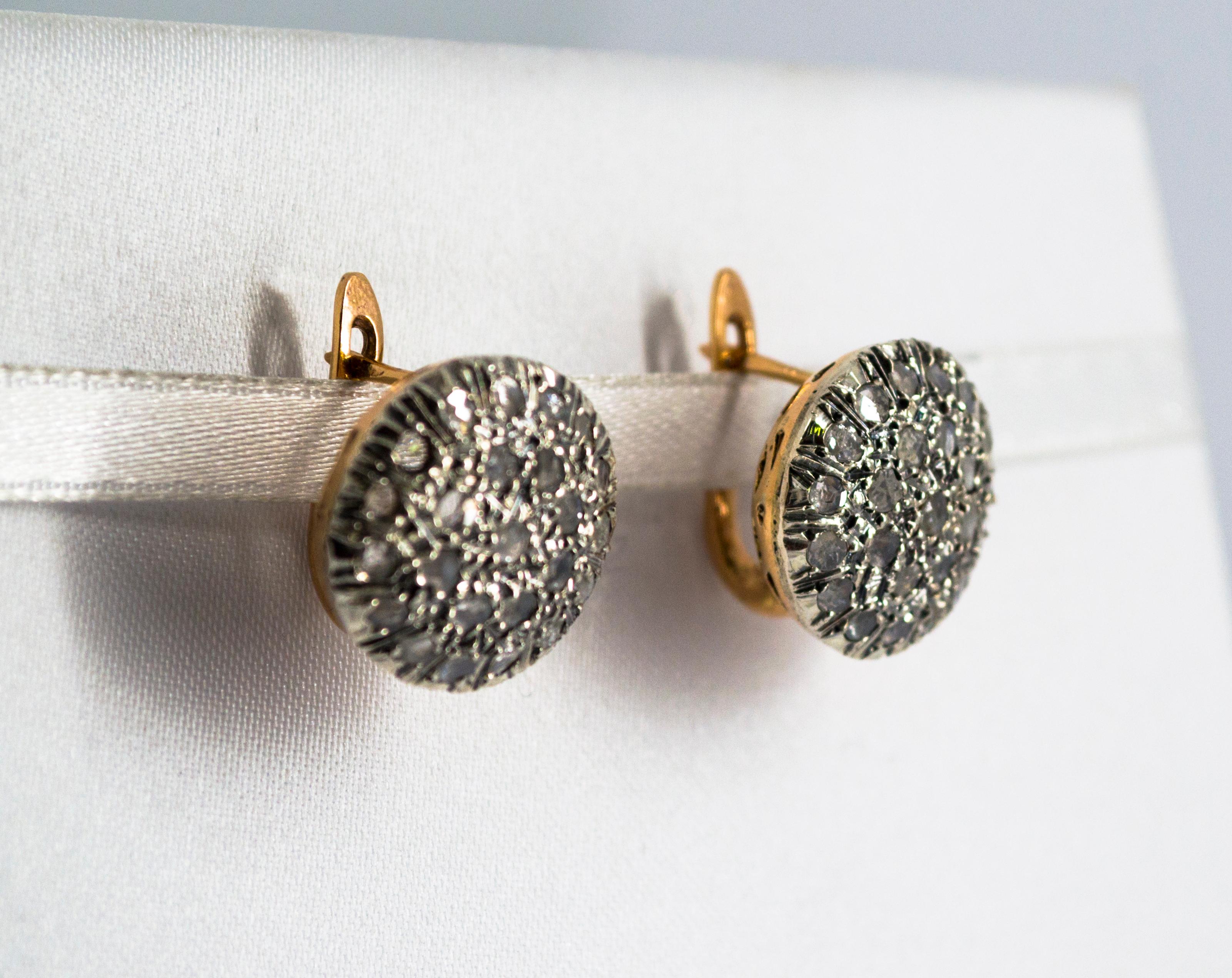 Boucles d'oreilles à levier de style Art déco en or jaune avec diamants blancs taille rose de 1.20 carat Unisexe en vente