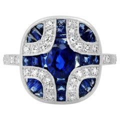 Art Deco Style 1.20 Ct Oval Sapphire Diamond 2.33 Tcw Platinum Engagement Ring