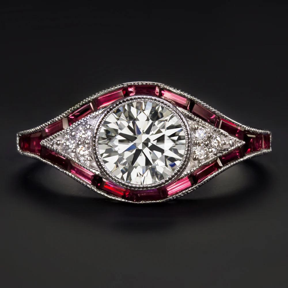 Bague cible de style Art déco en or blanc 14 carats avec diamant GIA de 1,20 carat et rubis Neuf - En vente à Chicago, IL