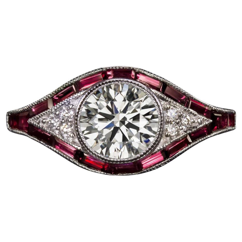 Art Deco Style 1.20ct GIA Diamond and Ruby Target Ring in 14K White Gold