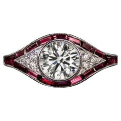 Art Deco Style 1.20ct GIA Diamond and Ruby Target Ring in 14K White Gold