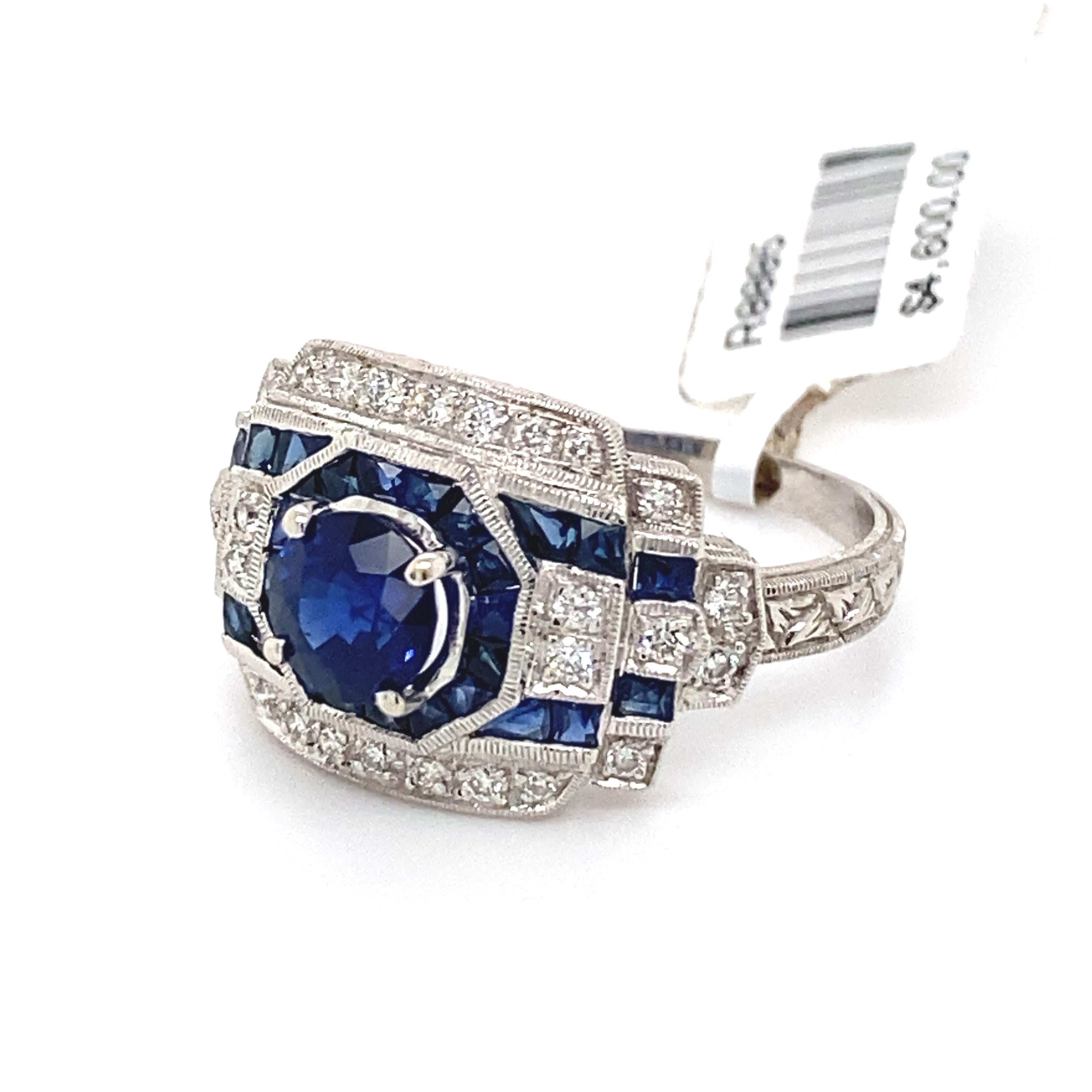 Round Cut Art Deco Style 1.20ct Round Sapphire with Diamond Ring 18 Karat White Gold