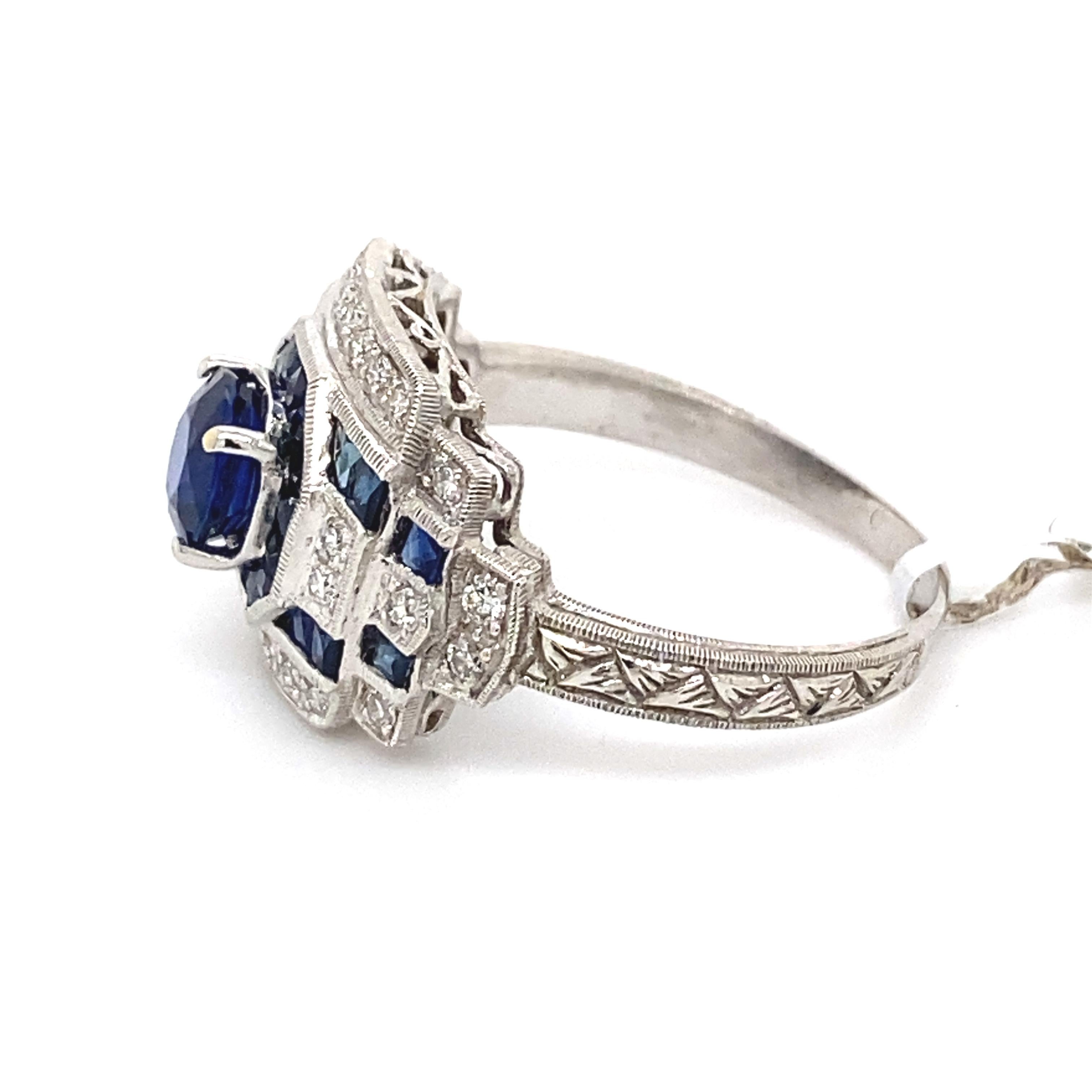 Art Deco Style 1.20ct Round Sapphire with Diamond Ring 18 Karat White Gold In New Condition In BEVERLY HILLS, CA
