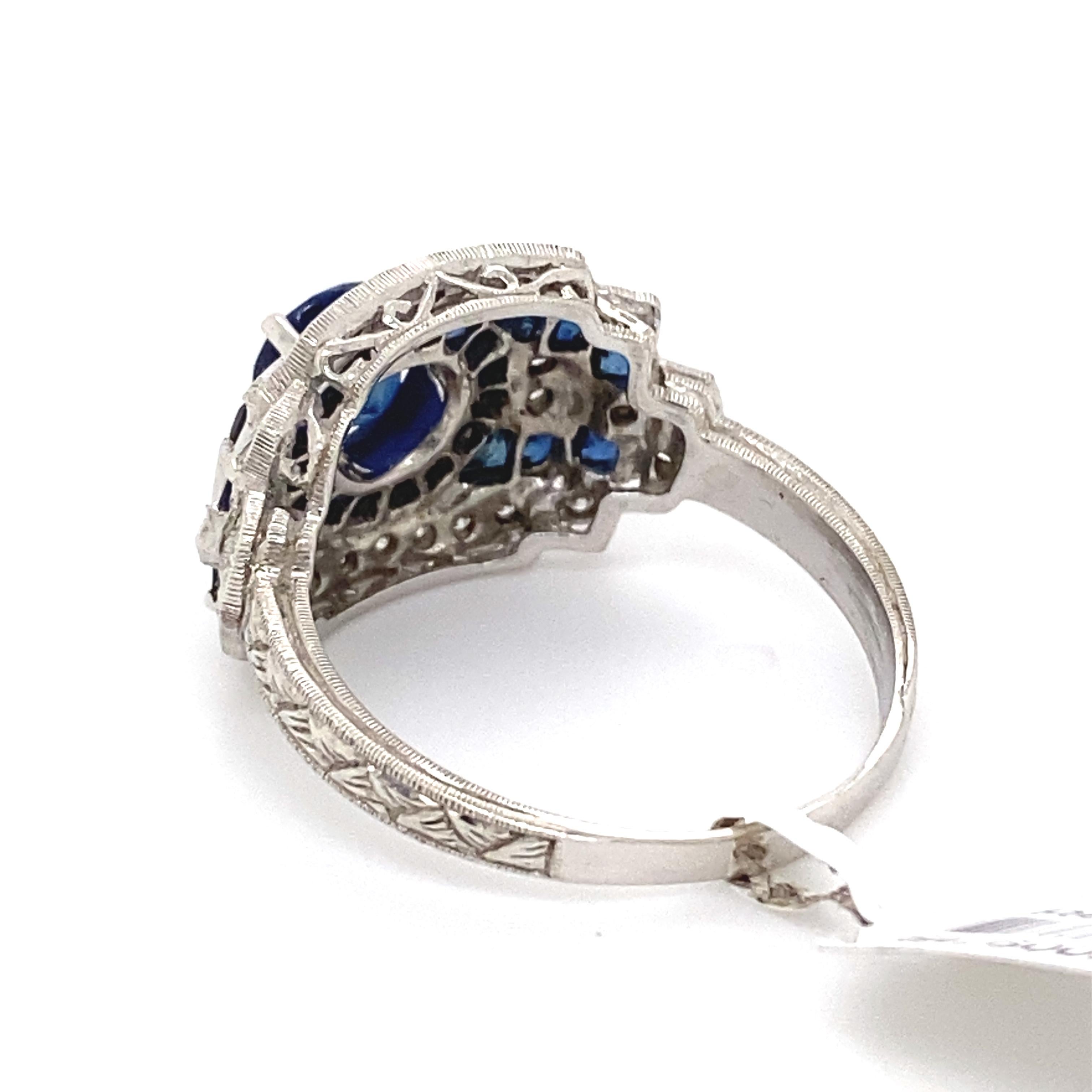 Women's or Men's Art Deco Style 1.20ct Round Sapphire with Diamond Ring 18 Karat White Gold