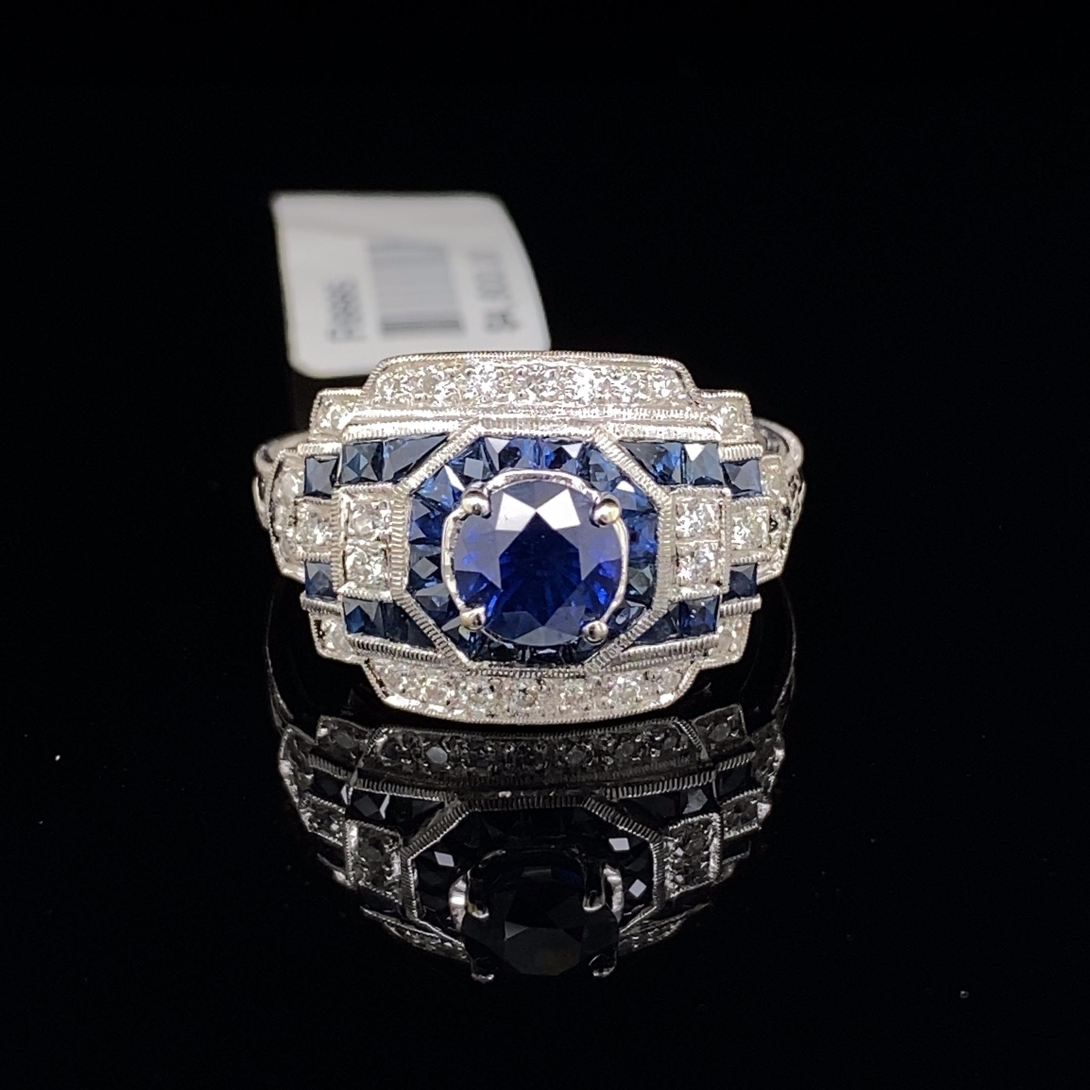Art Deco Style 1.20ct Round Sapphire with Diamond Ring 18 Karat White Gold 1