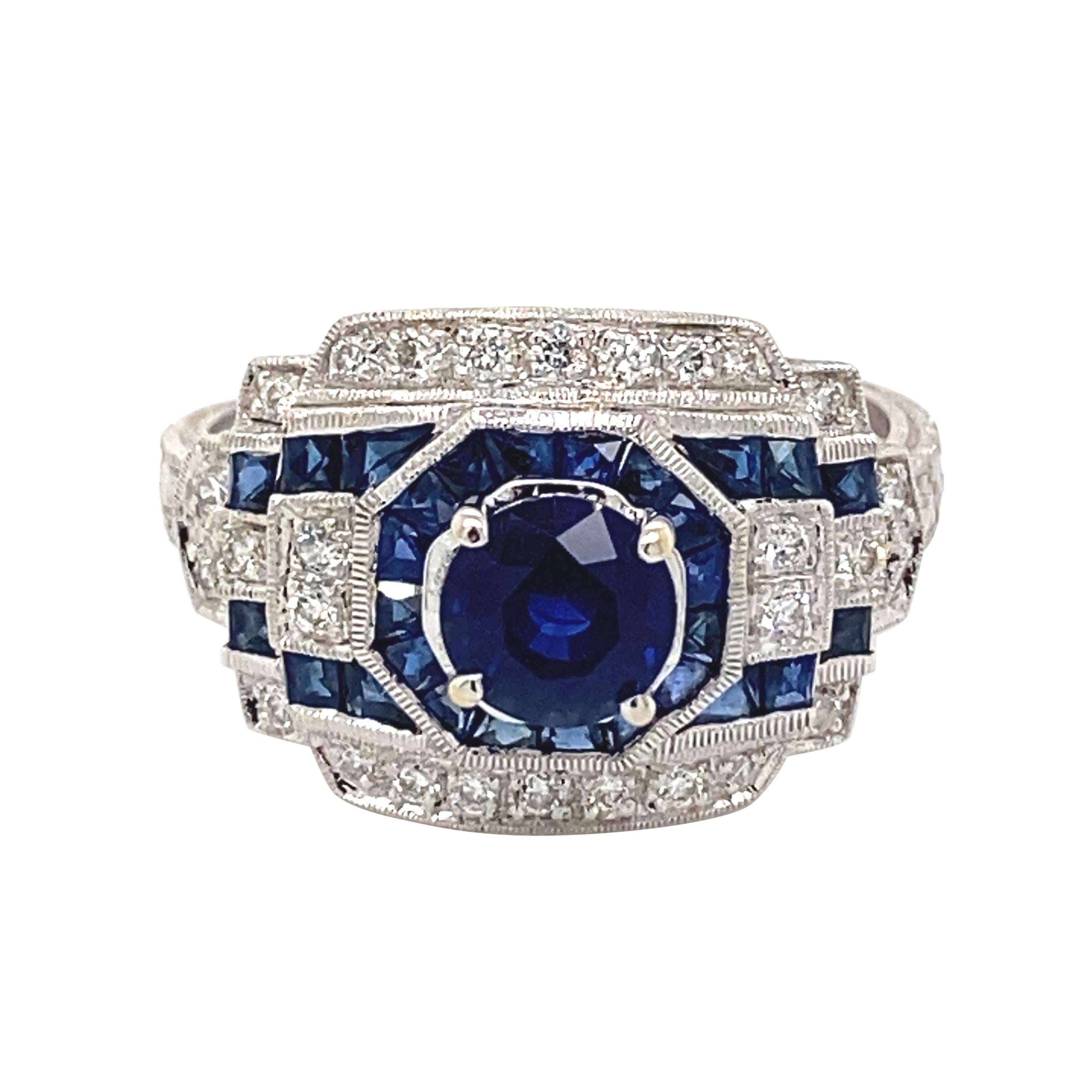 Art Deco Style 1.20ct Round Sapphire with Diamond Ring 18 Karat White Gold