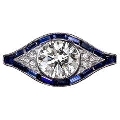 Ring aus 14 Karat Weißgold mit 1,21 Karat GIA Diamant und Saphir im Art-déco-Stil