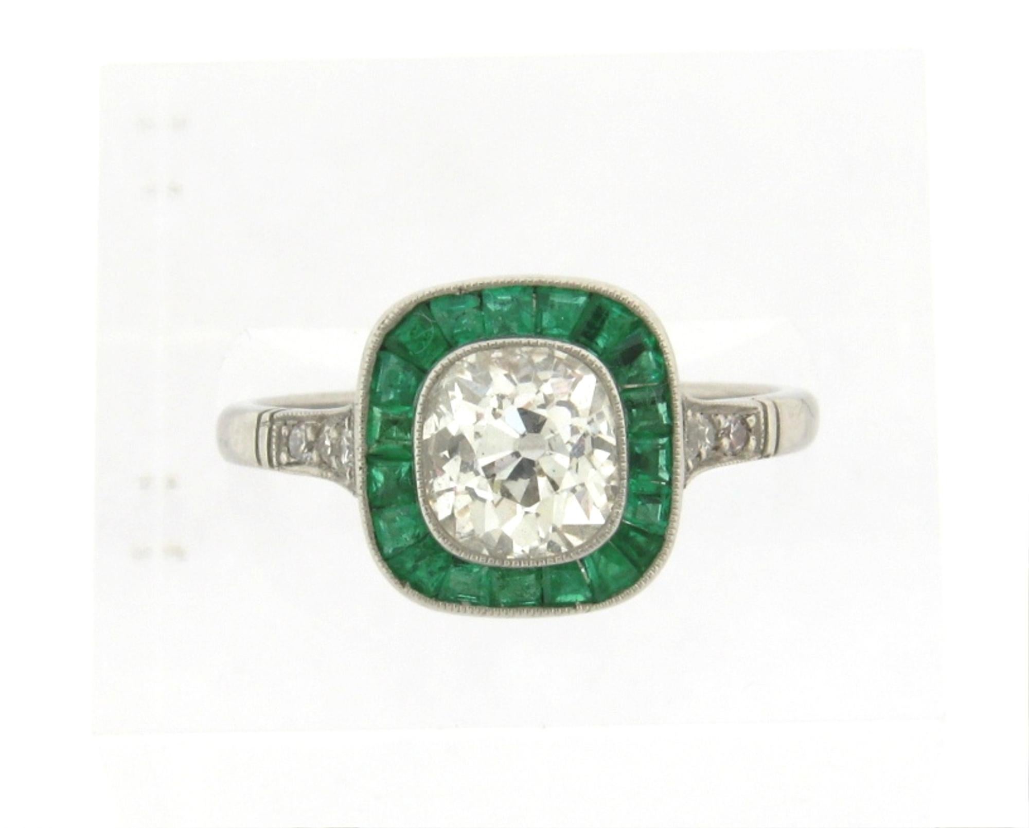 Art Deco Style 1.22 Old Mine Cushion Cut Diamond Emeralds Platinum Ring For Sale 1