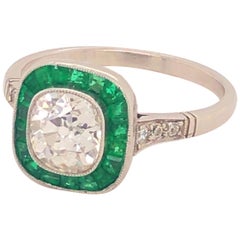 Art Deco Style 1.22 Old Mine Cushion Cut Diamond Emeralds Platinum Ring