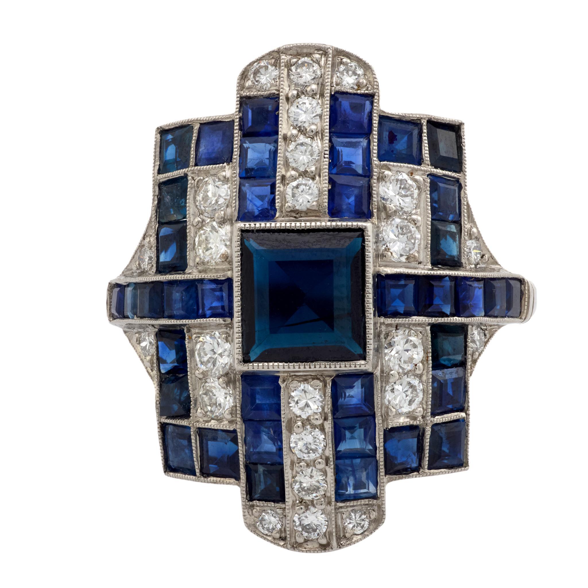 Moderno Anello cocktail in platino con zaffiro e diamante da 1,24 carati in stile Art Deco in vendita