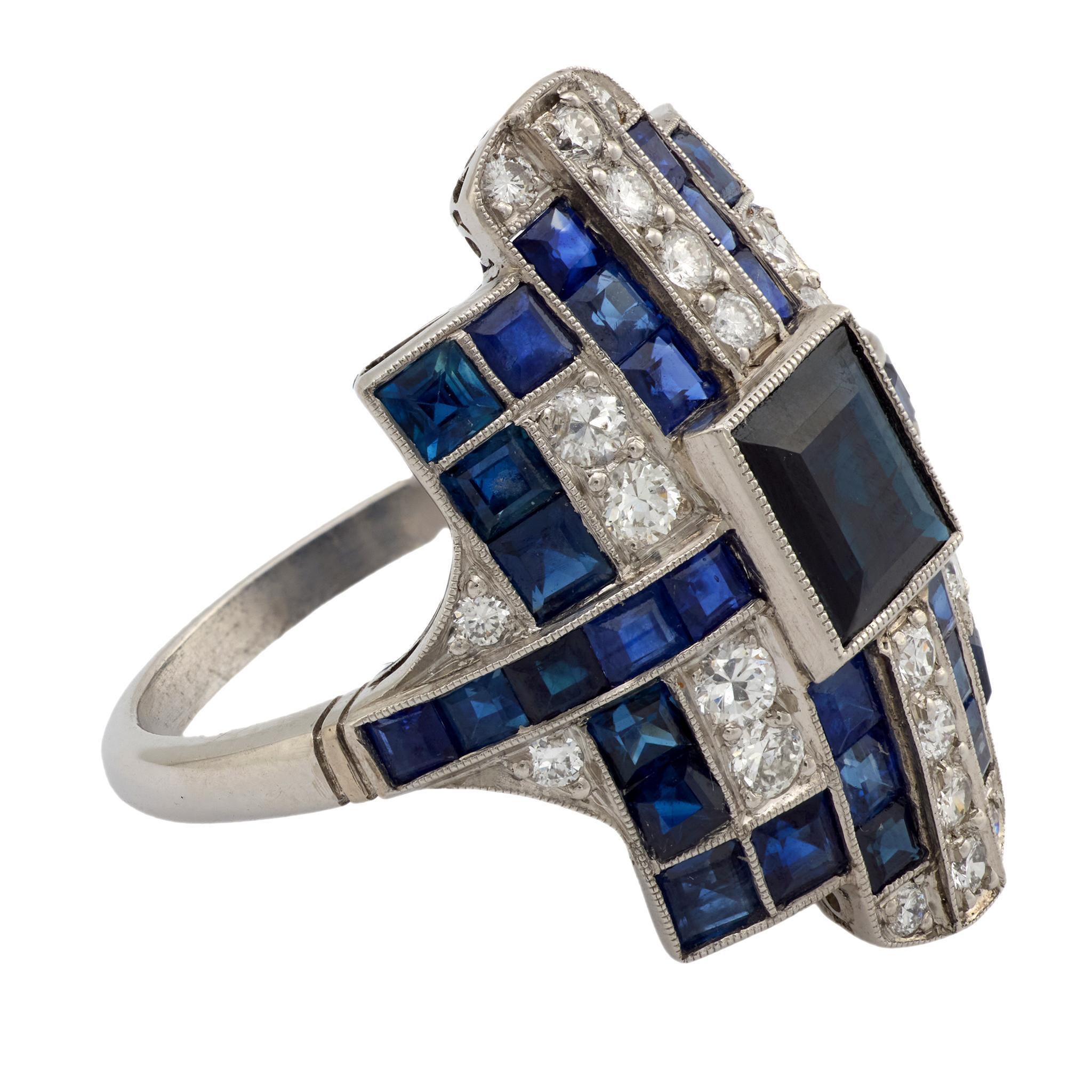 Anello cocktail in platino con zaffiro e diamante da 1,24 carati in stile Art Deco In condizioni buone in vendita a Beverly Hills, CA