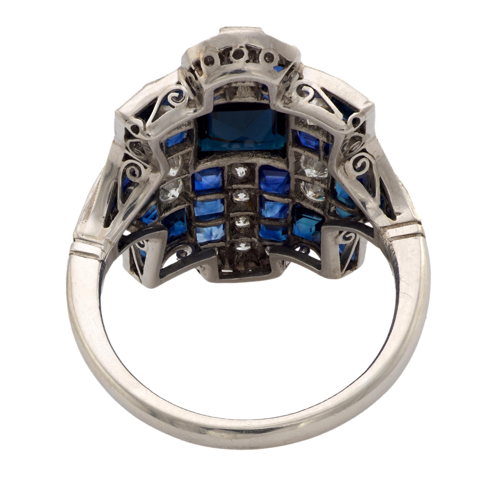 Anello cocktail in platino con zaffiro e diamante da 1,24 carati in stile Art Deco in vendita 1