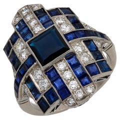 Bague de cocktail en platine, saphir et diamant de 1,24 carat, de style Art déco