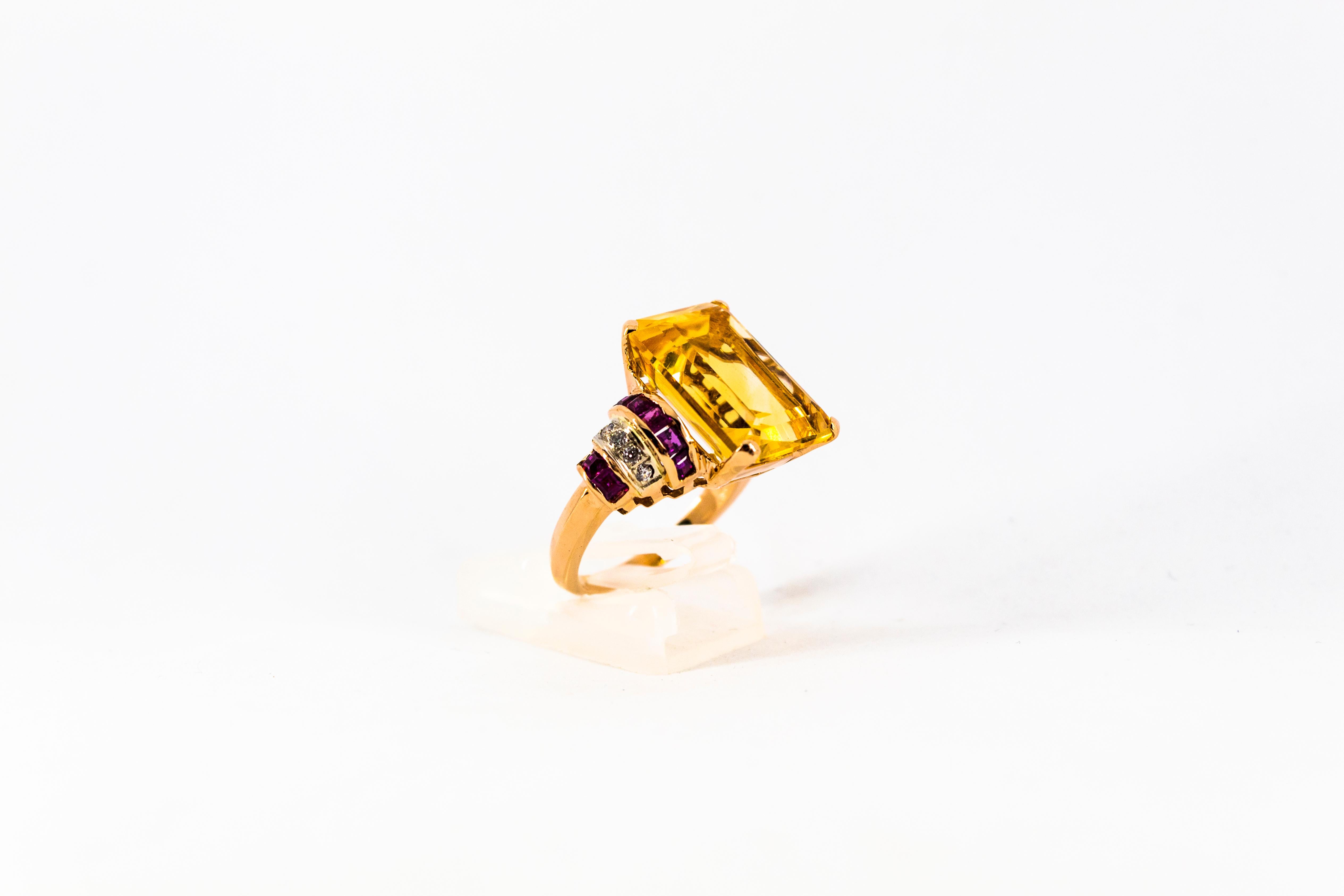 Art Deco Style 12.42 Carat White Diamond Ruby Citrine Yellow Gold Cocktail Ring 5