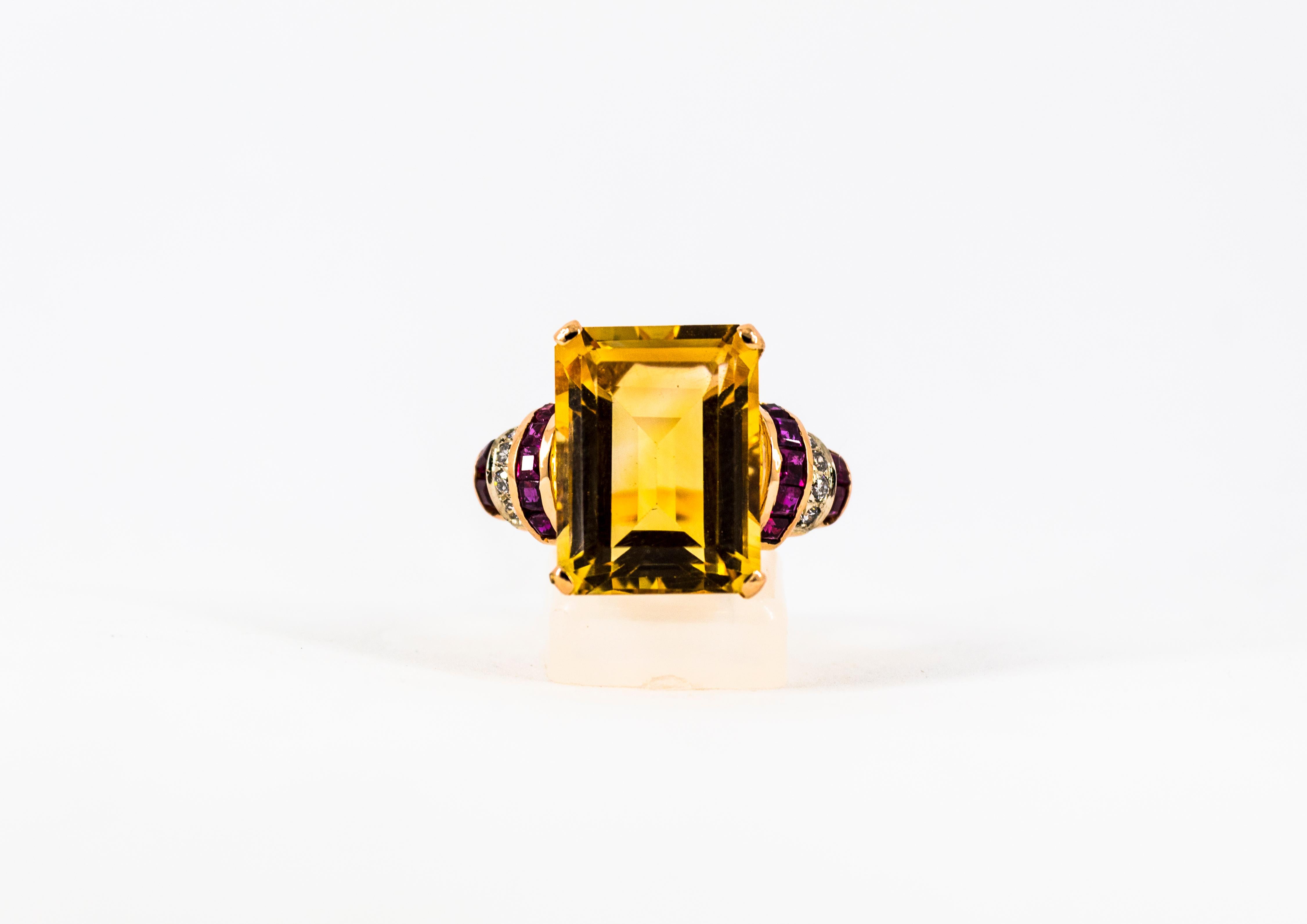 Art Deco Style 12.42 Carat White Diamond Ruby Citrine Yellow Gold Cocktail Ring 6