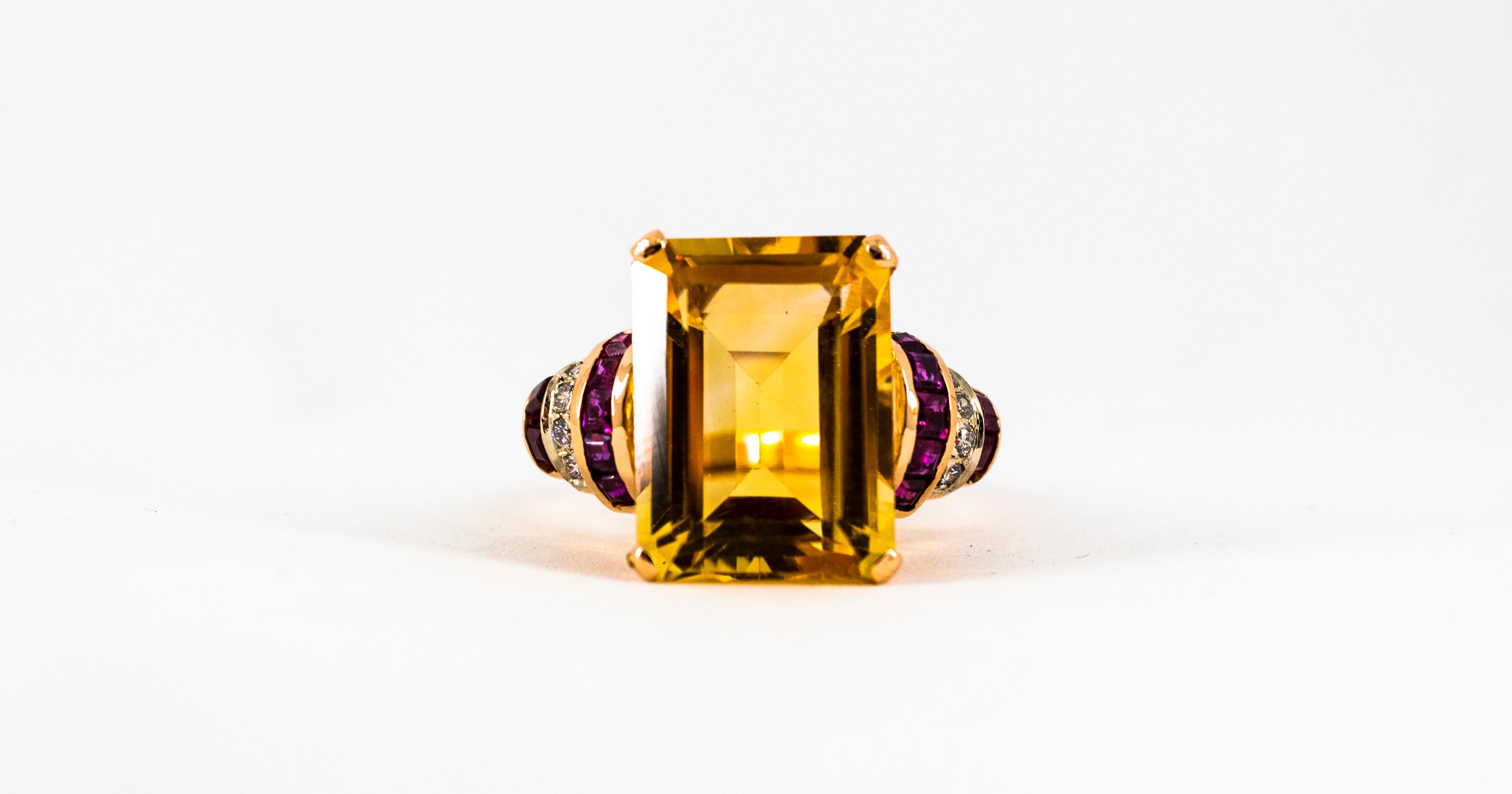 Art Deco Style 12.42 Carat White Diamond Ruby Citrine Yellow Gold Cocktail Ring For Sale 7