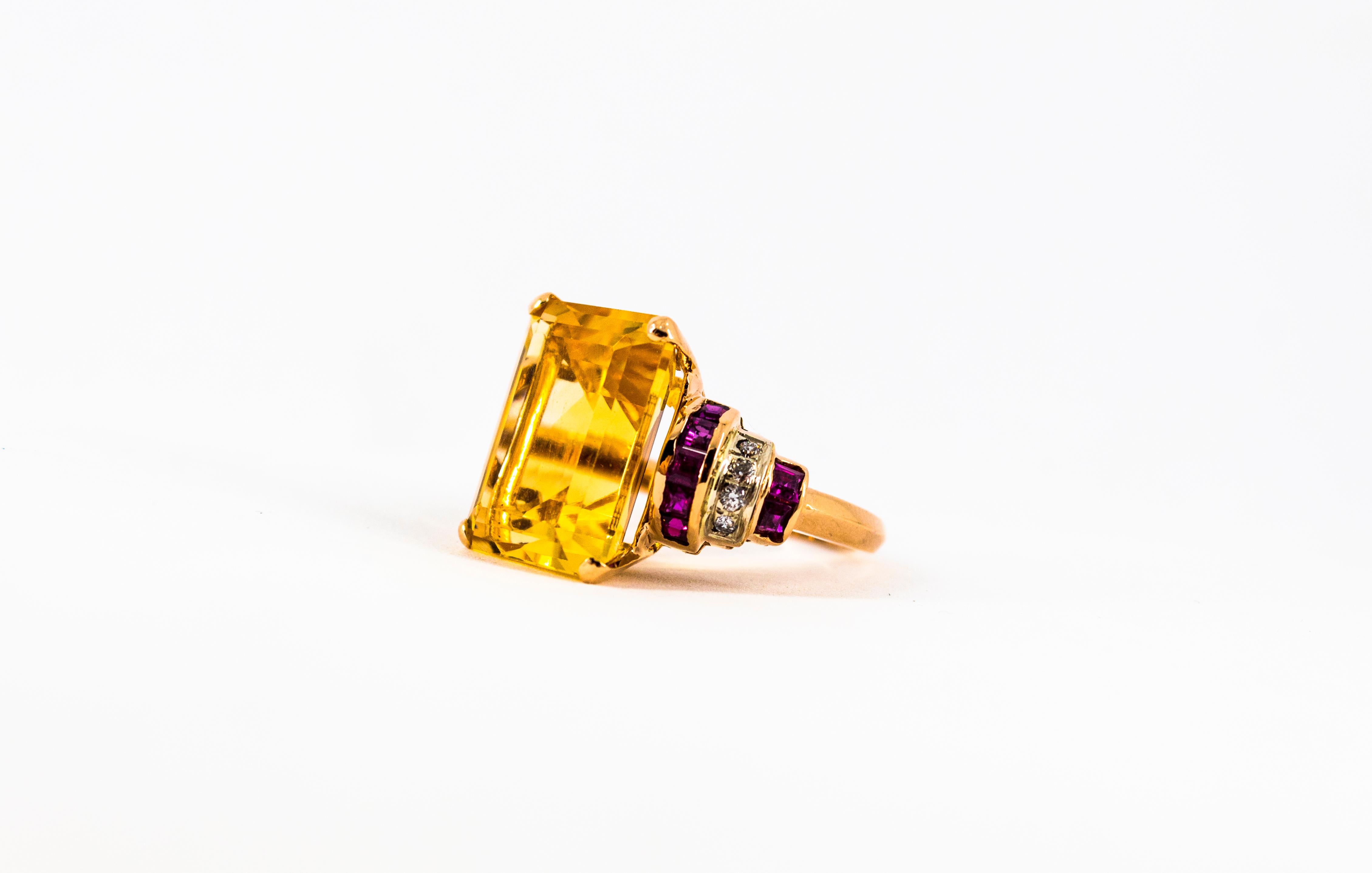 Art Deco Style 12.42 Carat White Diamond Ruby Citrine Yellow Gold Cocktail Ring For Sale 8