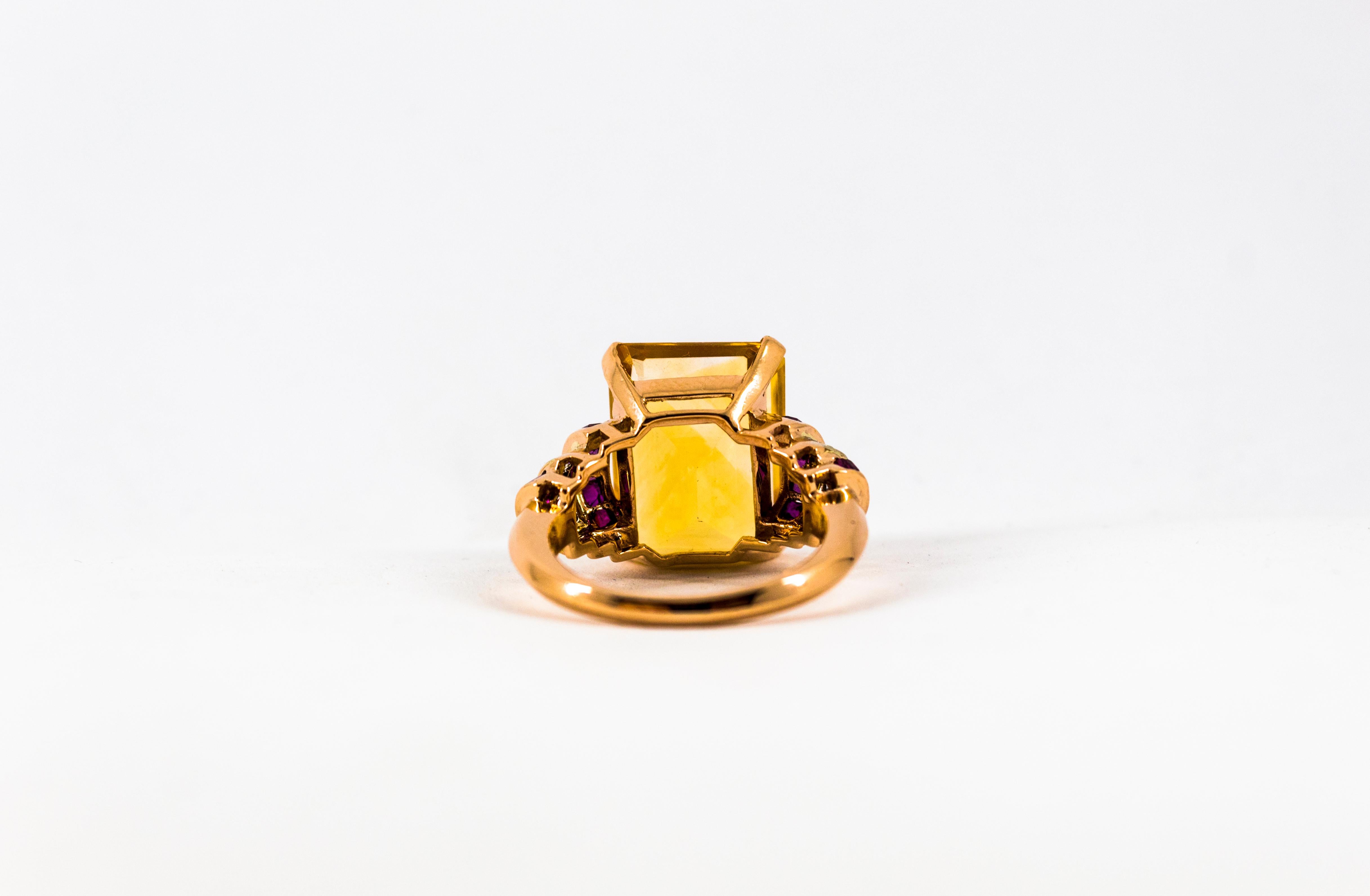 Art Deco Style 12.42 Carat White Diamond Ruby Citrine Yellow Gold Cocktail Ring 9