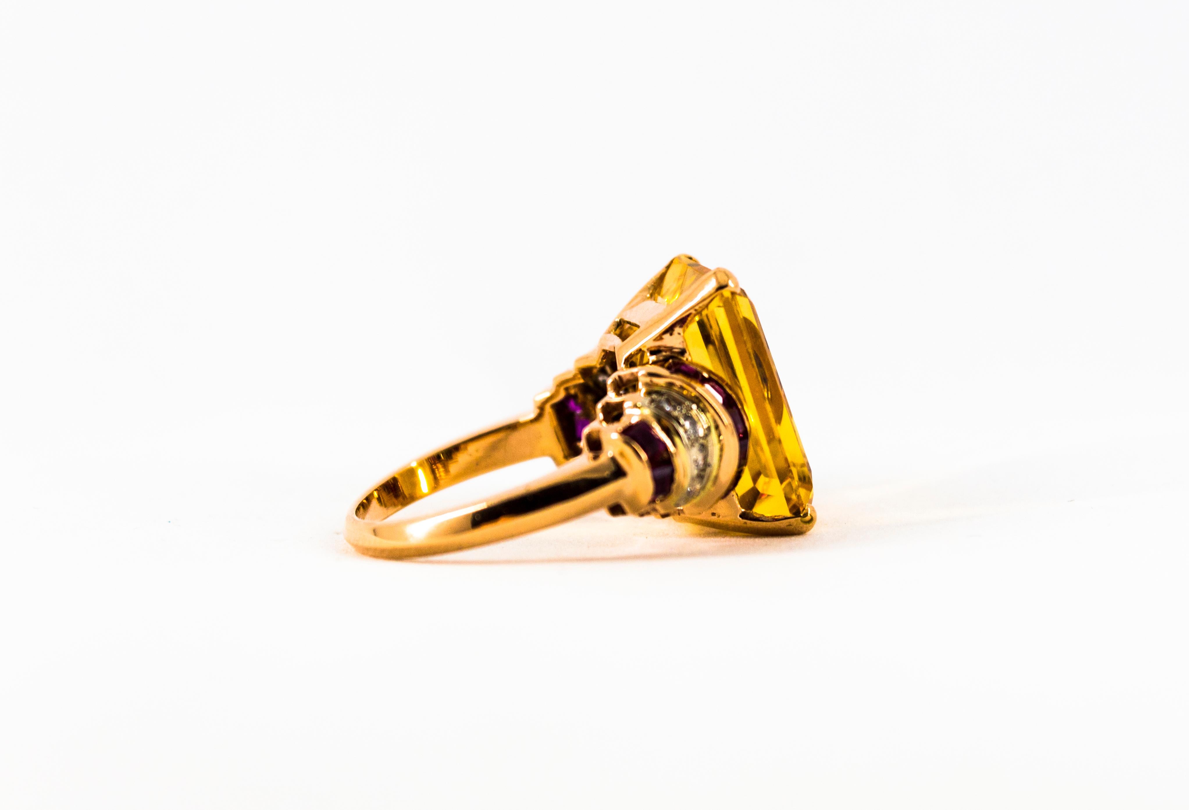 Art Deco Style 12.42 Carat White Diamond Ruby Citrine Yellow Gold Cocktail Ring 10