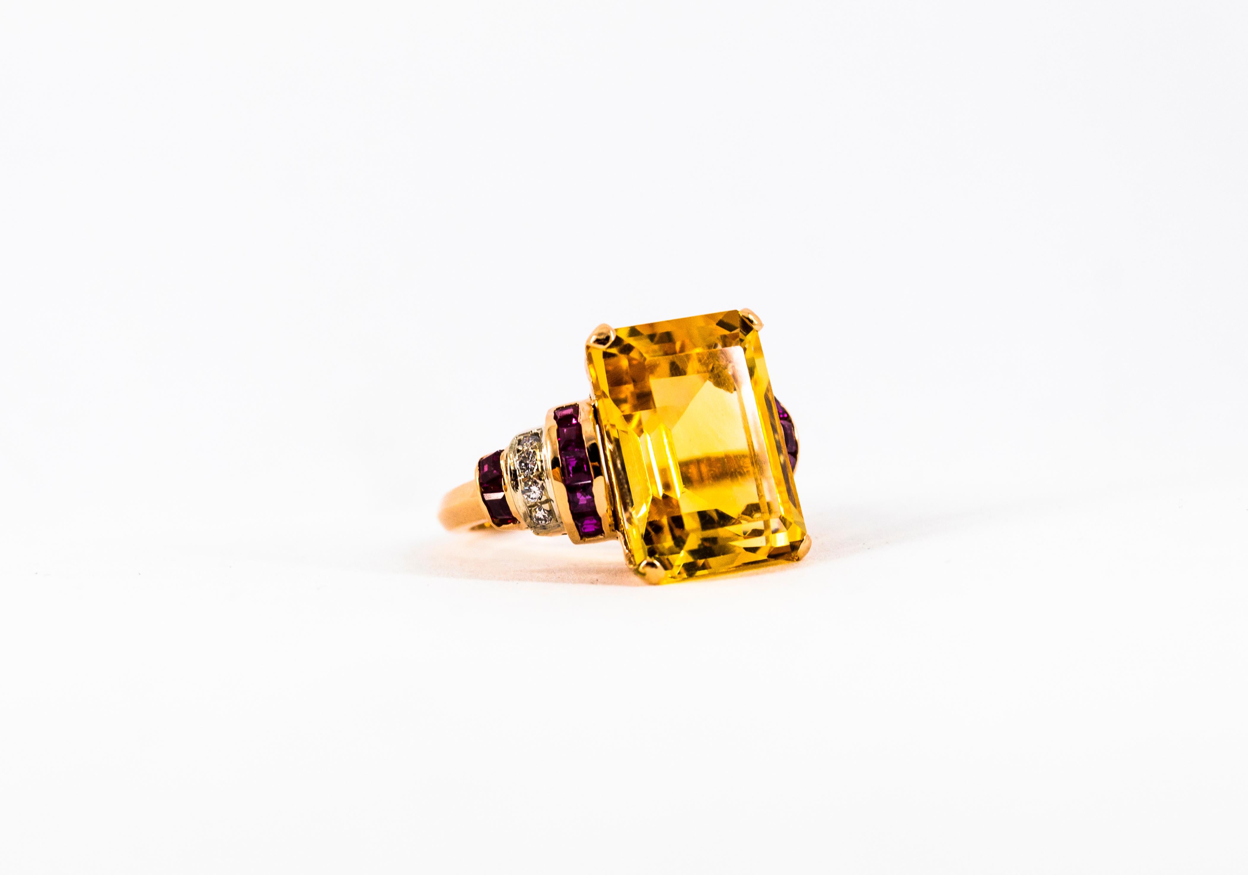 Art Deco Style 12.42 Carat White Diamond Ruby Citrine Yellow Gold Cocktail Ring For Sale 11