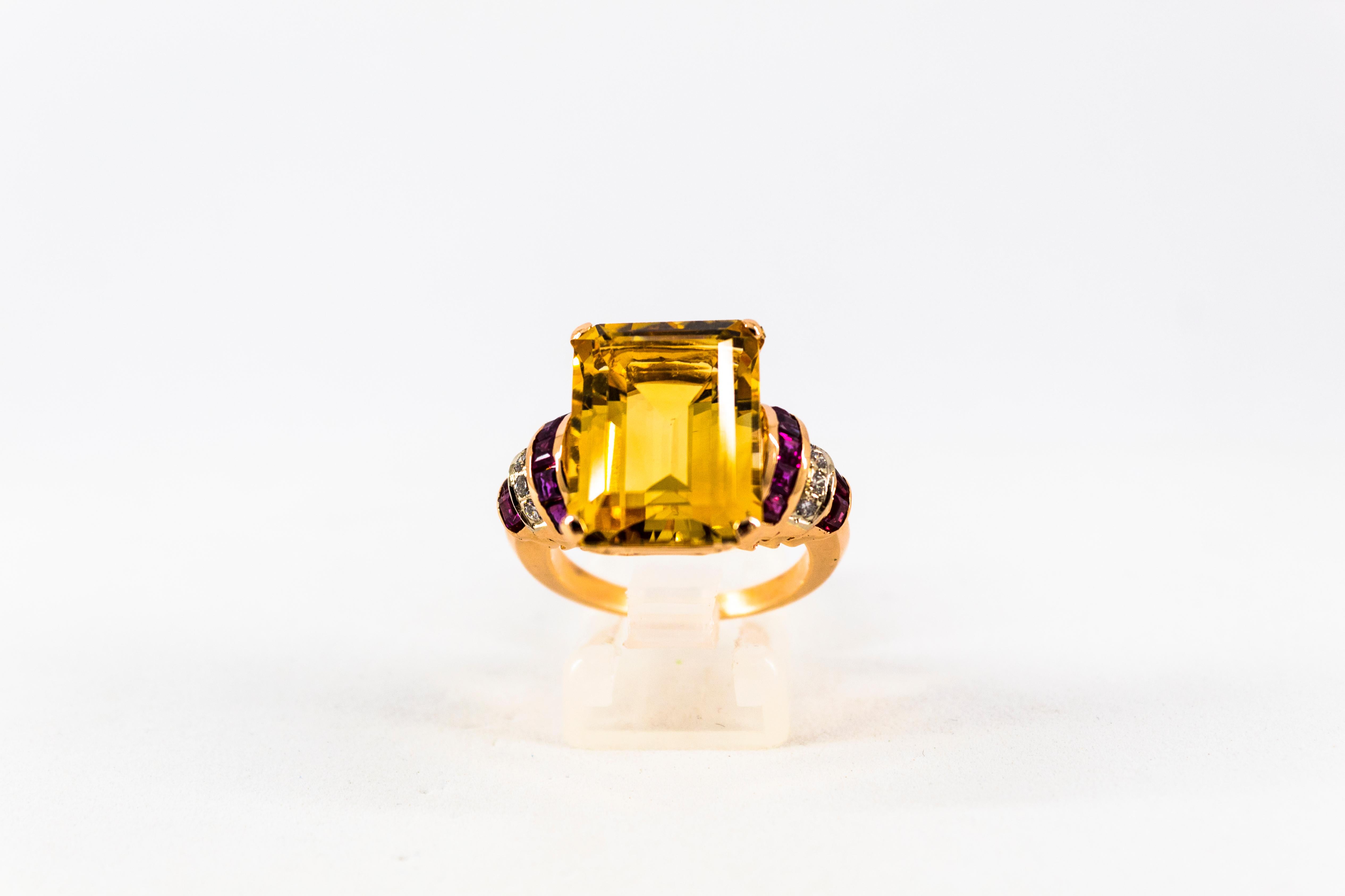 This Ring is made of 14K Yellow Gold.
This Ring has 0.12 Carats of White Brilliant Cut Diamonds.
This Ring has 0.30 Carats of Rubies.
This Ring has also a 12.00 Carats Citrine.
This Ring is inspired by Art Deco.

Size ITA: 15 USA: 7 and 1/4

We're a