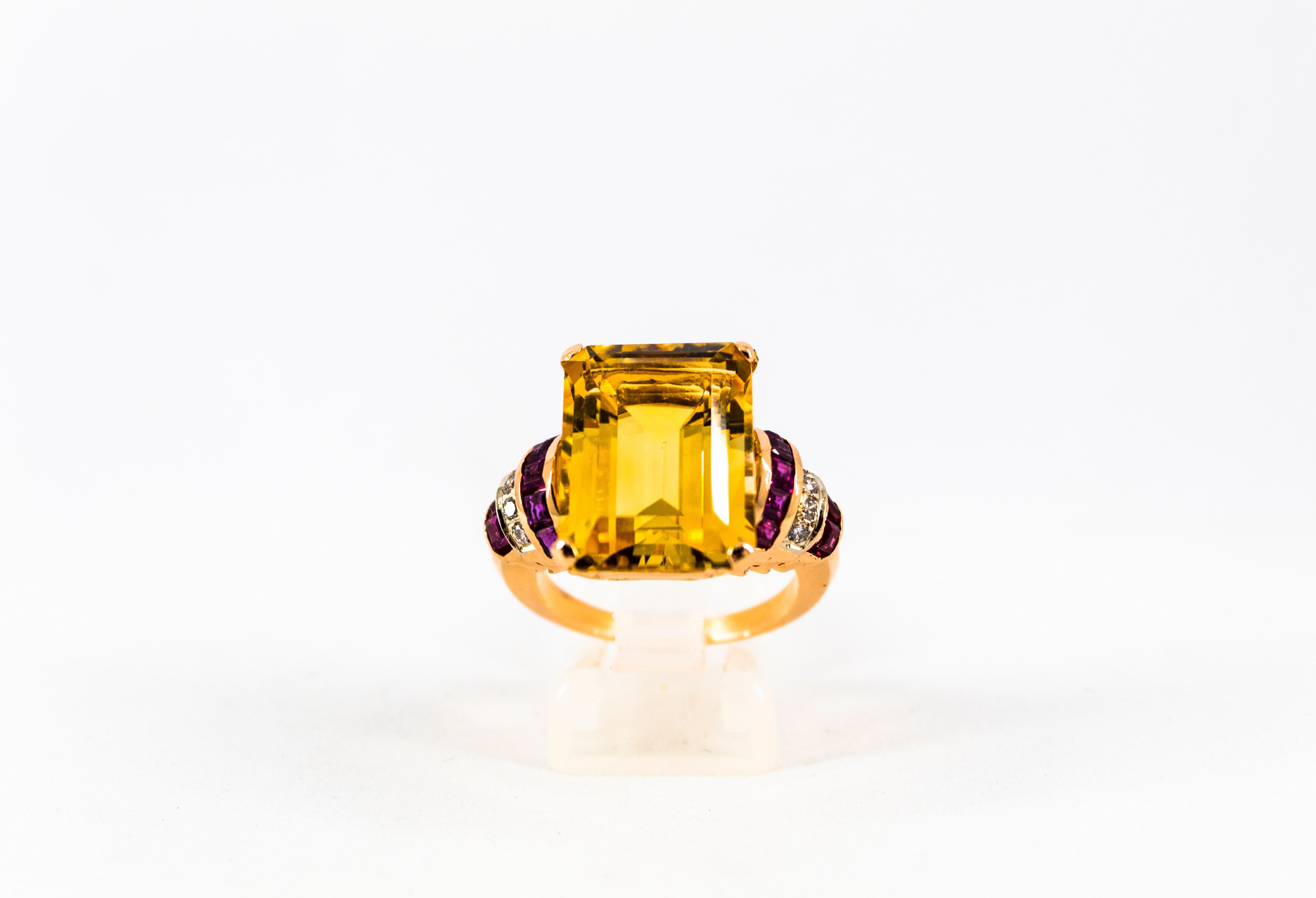 Emerald Cut Art Deco Style 12.42 Carat White Diamond Ruby Citrine Yellow Gold Cocktail Ring