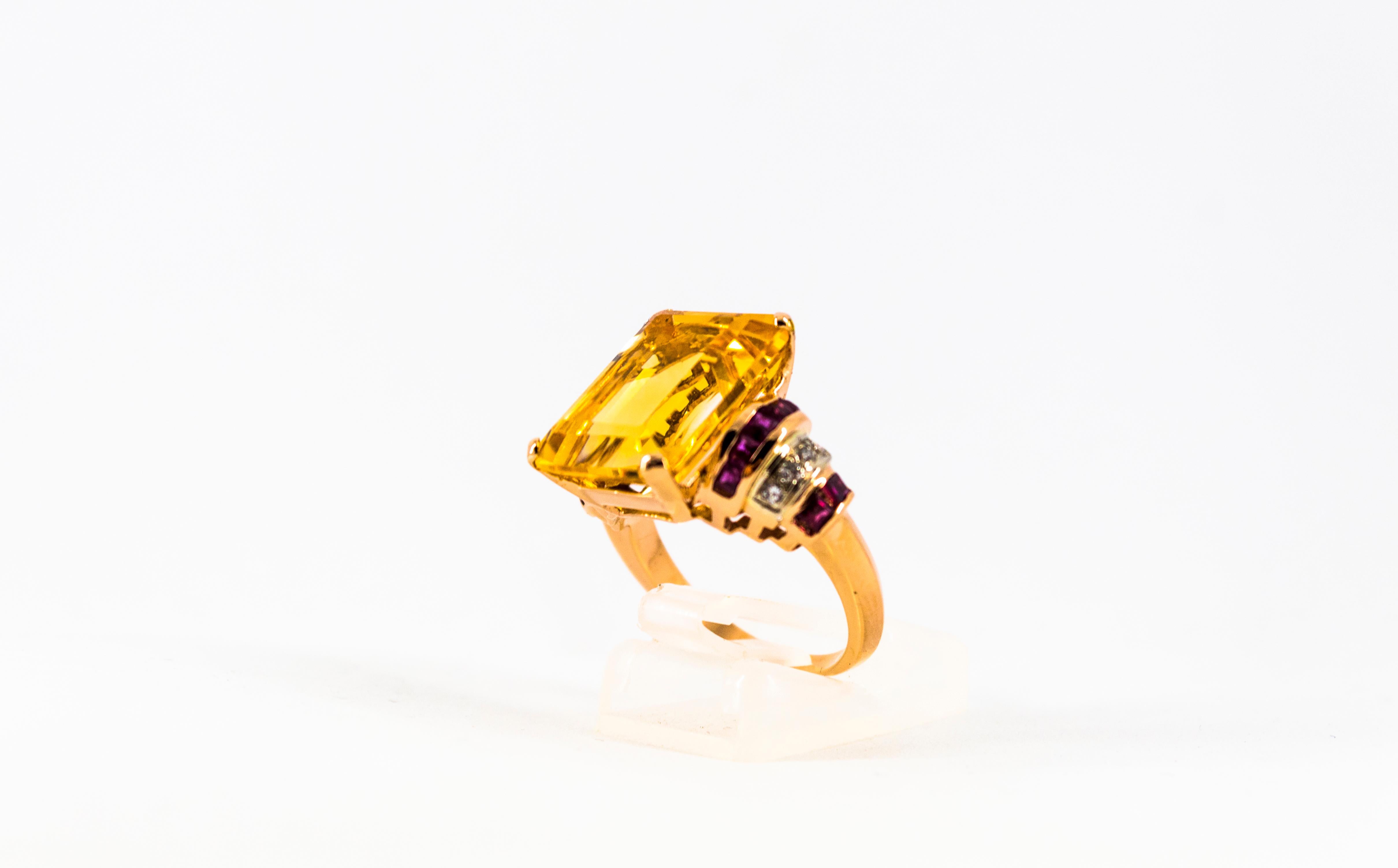 Art Deco Style 12.42 Carat White Diamond Ruby Citrine Yellow Gold Cocktail Ring In New Condition In Naples, IT