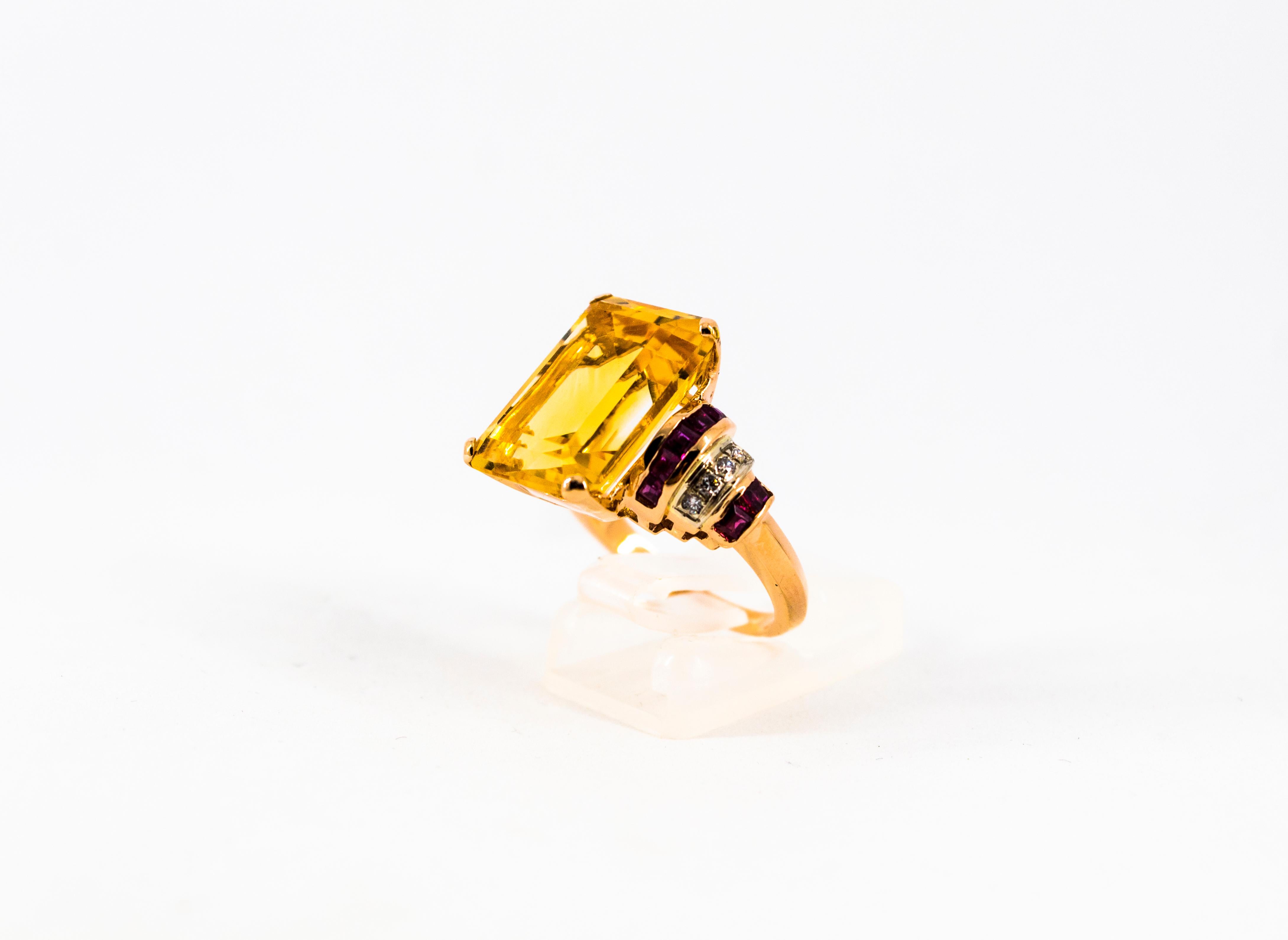 Women's or Men's Art Deco Style 12.42 Carat White Diamond Ruby Citrine Yellow Gold Cocktail Ring For Sale