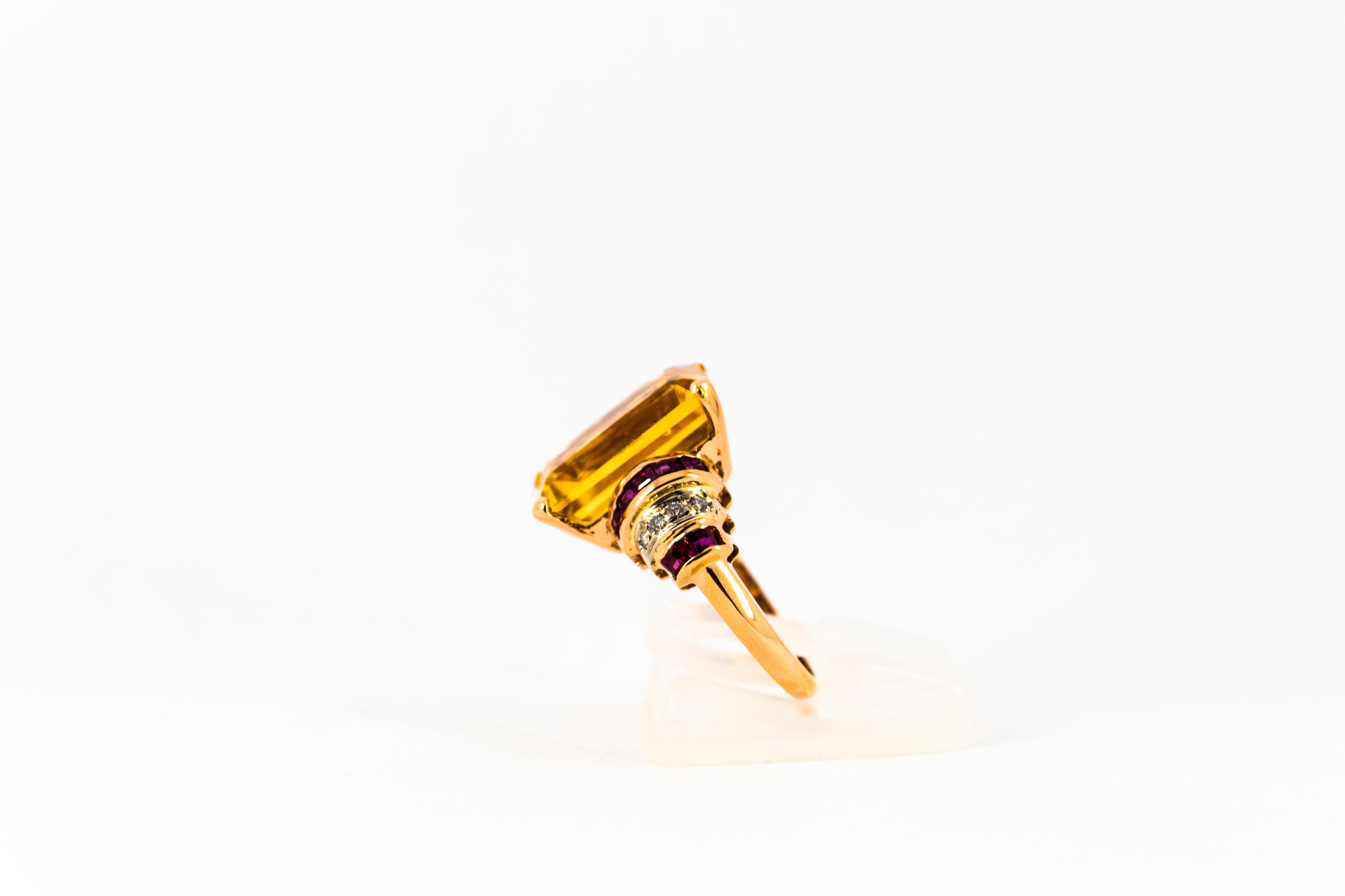 Art Deco Style 12.42 Carat White Diamond Ruby Citrine Yellow Gold Cocktail Ring 1