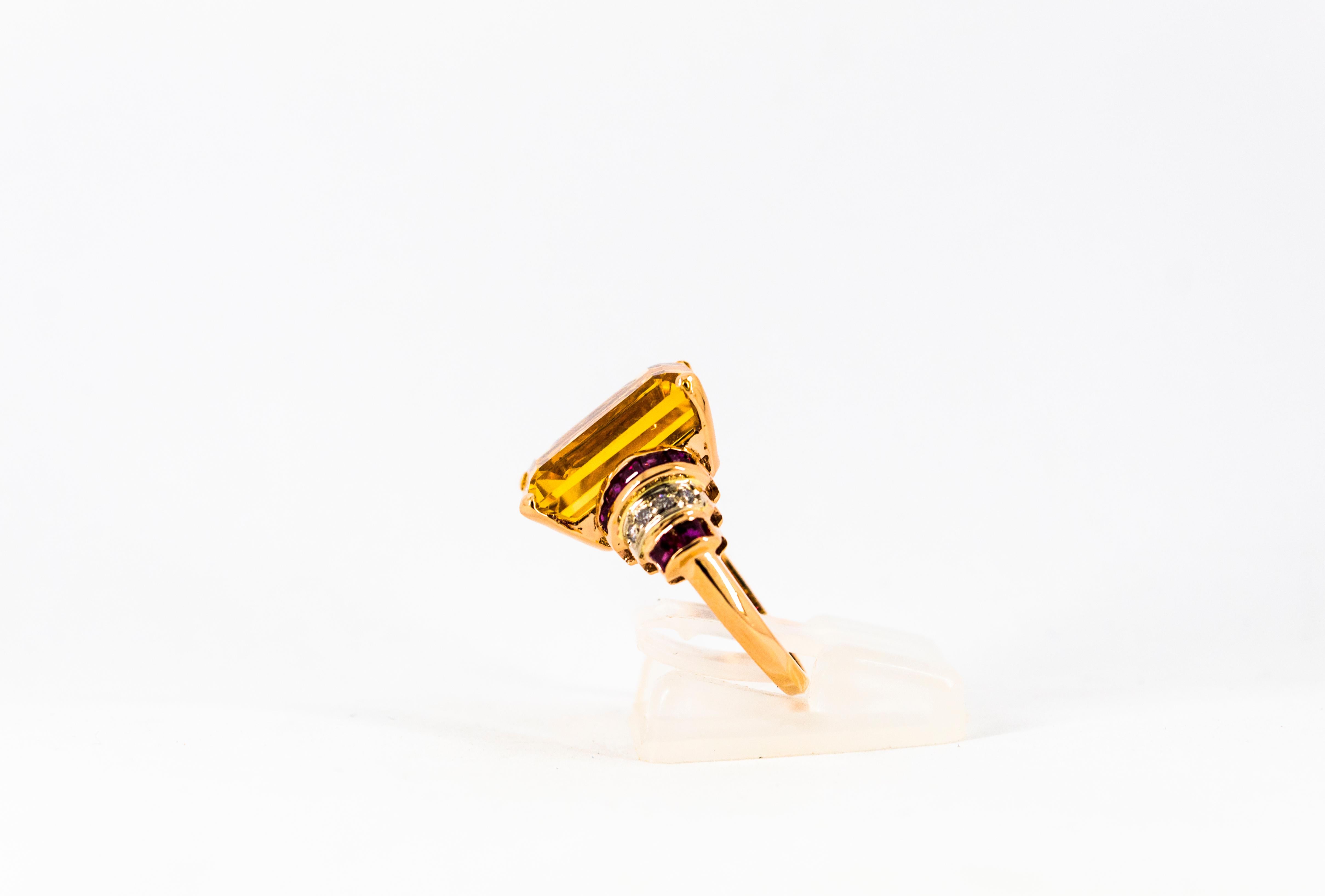 Art Deco Style 12.42 Carat White Diamond Ruby Citrine Yellow Gold Cocktail Ring For Sale 2