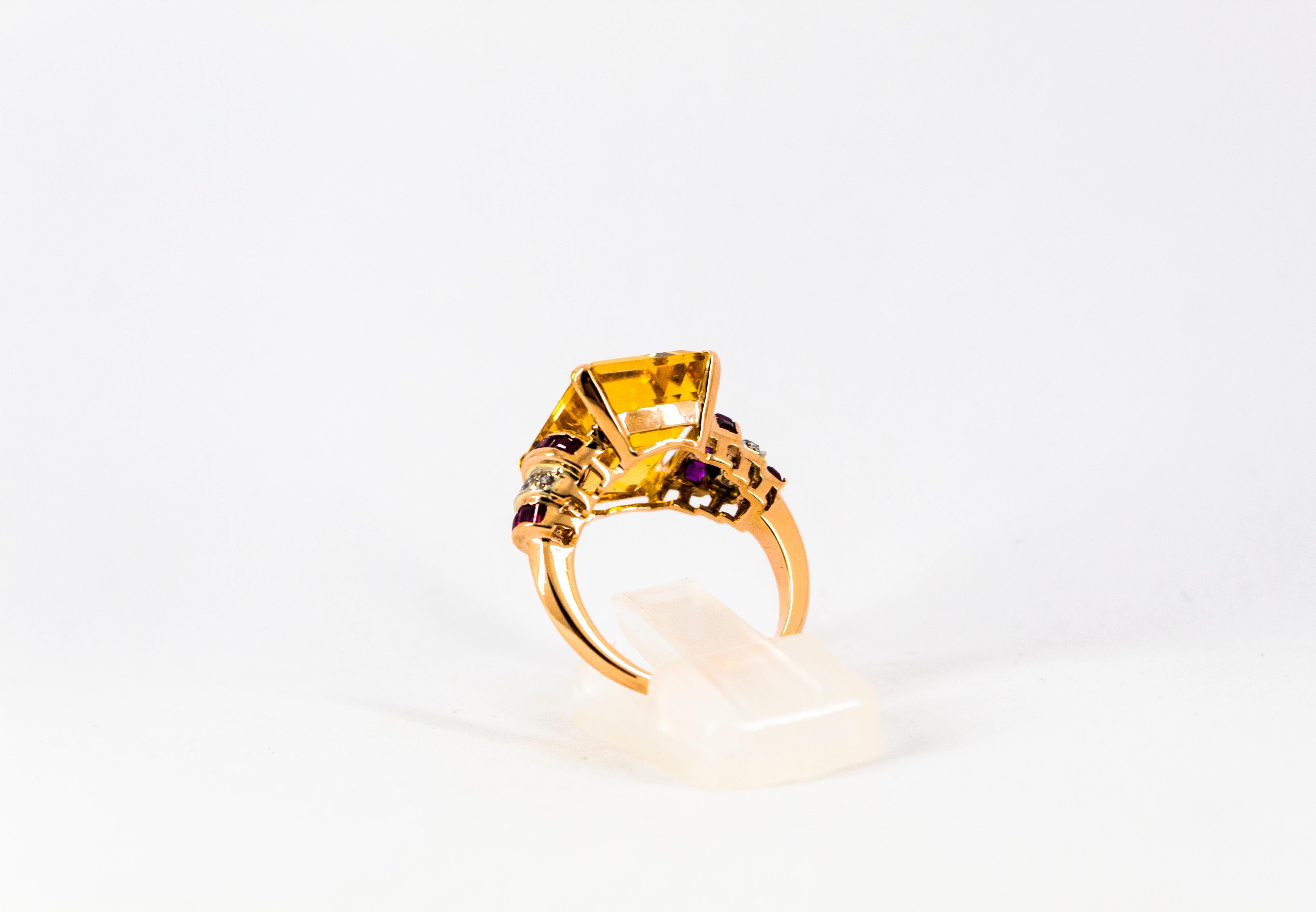 Art Deco Style 12.42 Carat White Diamond Ruby Citrine Yellow Gold Cocktail Ring 3