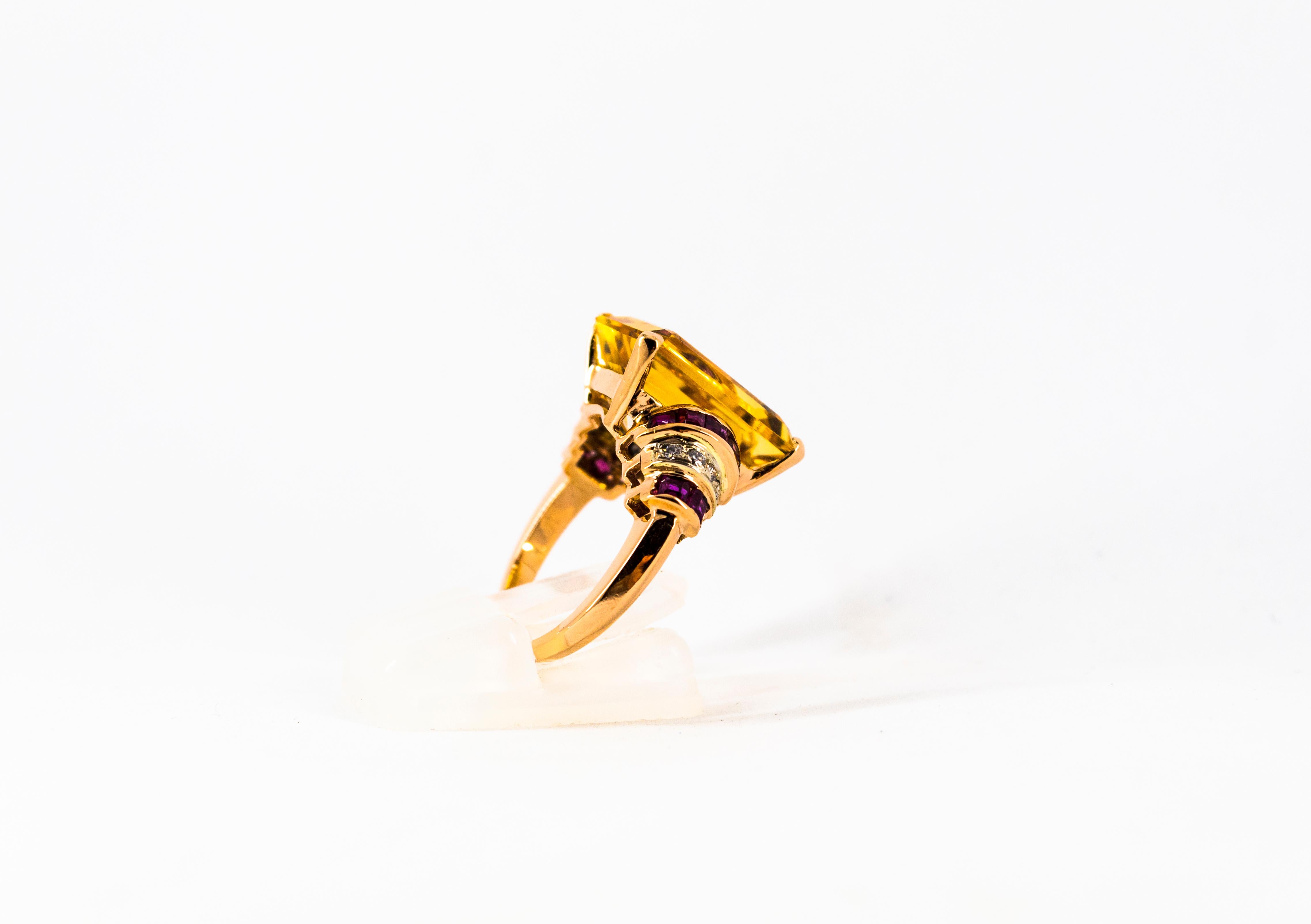 Art Deco Style 12.42 Carat White Diamond Ruby Citrine Yellow Gold Cocktail Ring 4