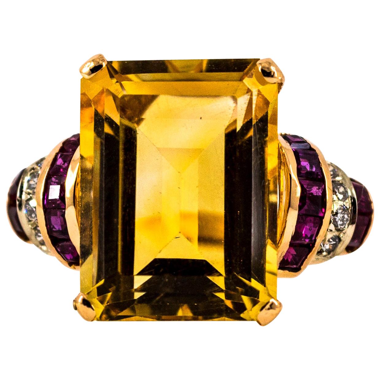 Art Deco Style 12.42 Carat White Diamond Ruby Citrine Yellow Gold Cocktail Ring