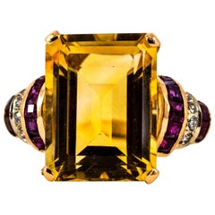 Art Deco Style 12.42 Carat White Diamond Ruby Citrine Yellow Gold Cocktail Ring