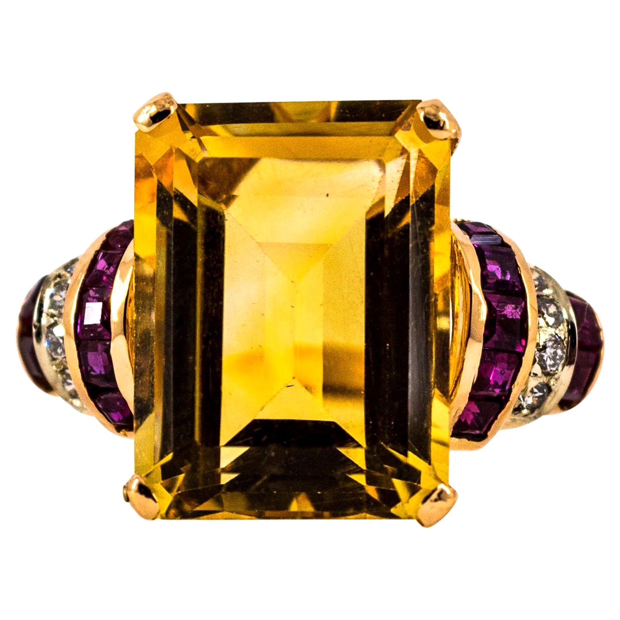 Art Deco Style 12.42 Carat White Diamond Ruby Citrine Yellow Gold Cocktail Ring For Sale