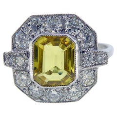 Art Deco Style 1.25 Carat Yellow Sapphire and Diamond Cluster Ring, White Gold