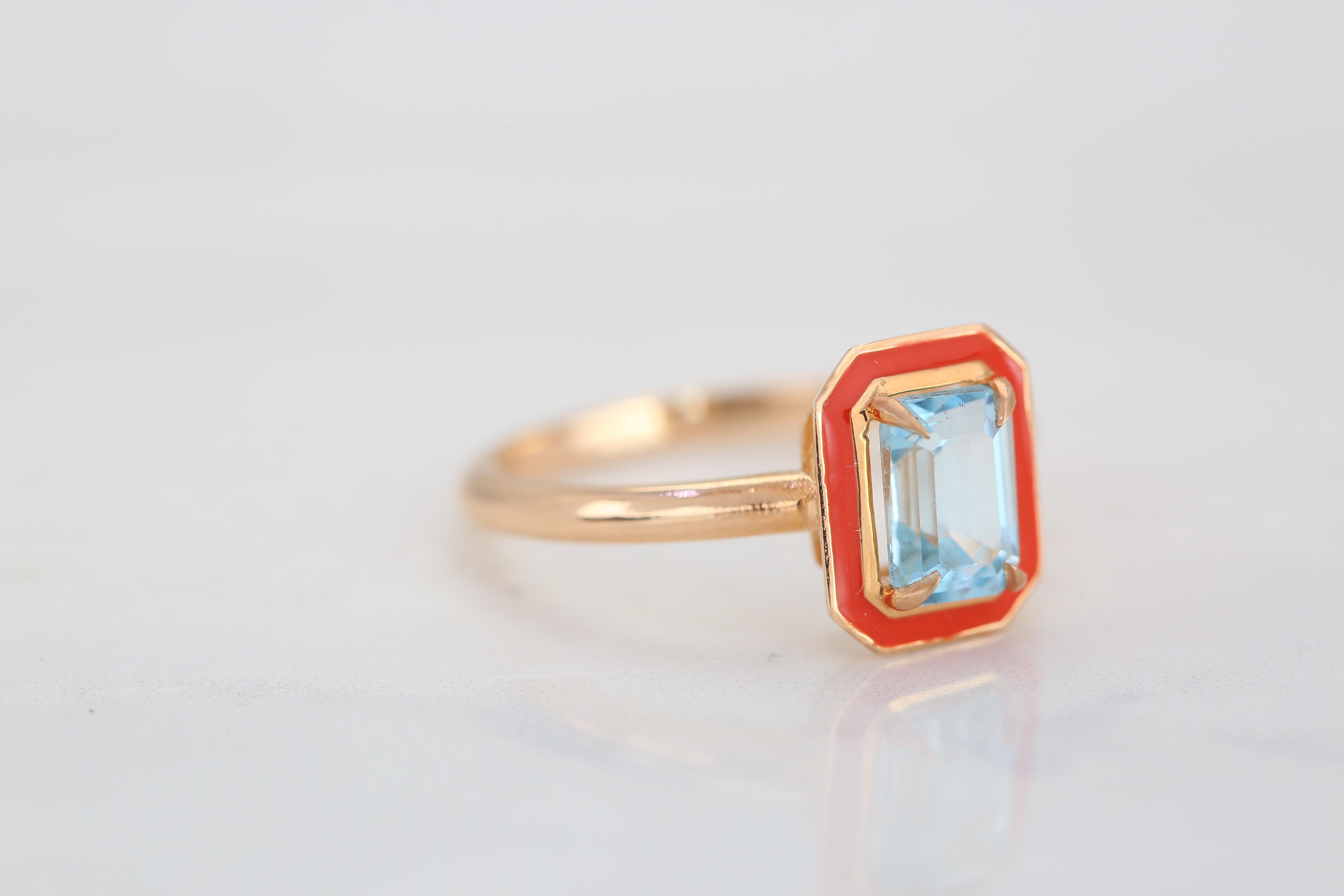 For Sale:  Art Deco Style 1.25 Ct Sky Topaz 14K Gold Enamel Cocktail Ring 6