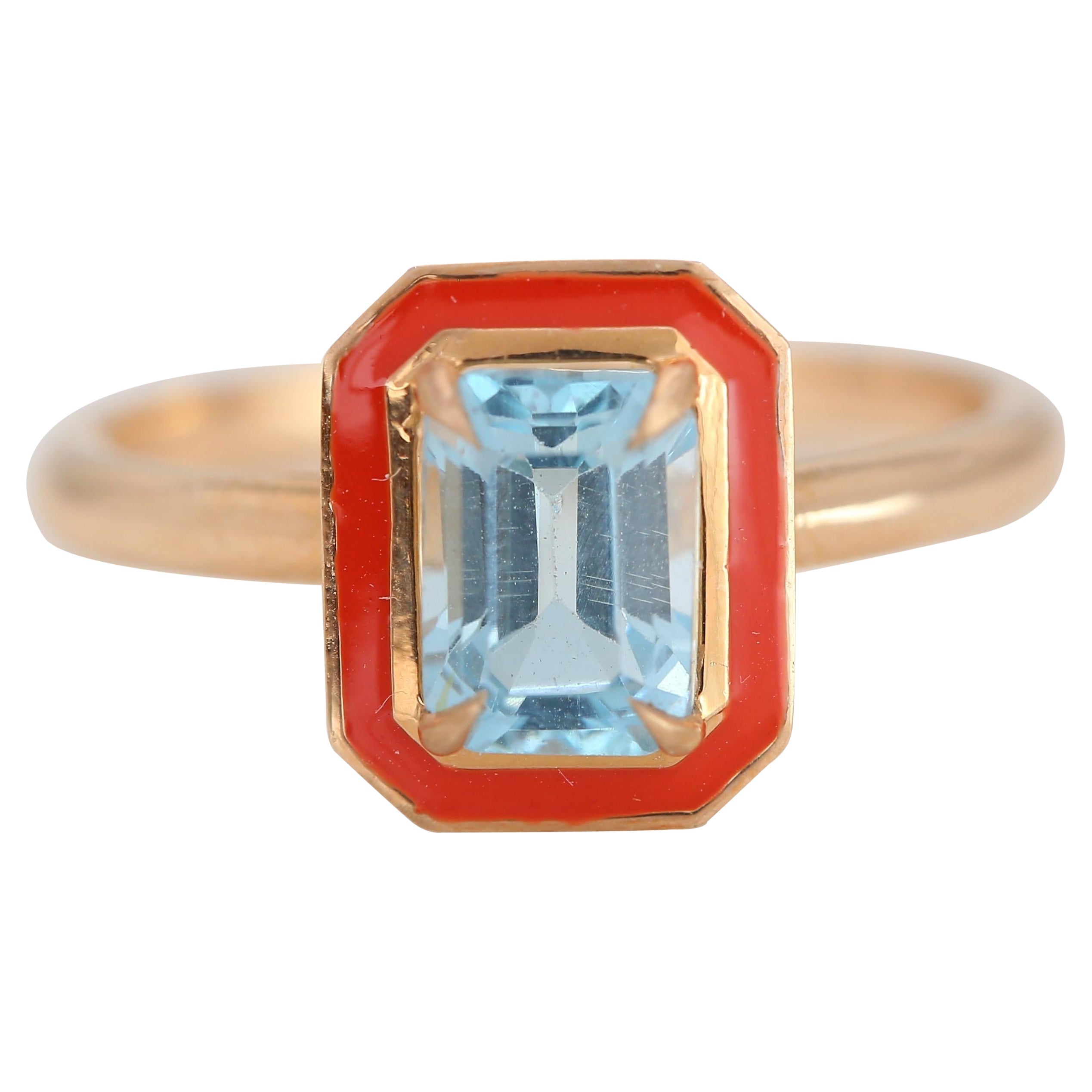 Anello da cocktail con smalto in oro 14K in stile Art Deco da 1,25 carati Sky Topaz