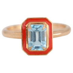 Art Deco Style 1.25 Ct Sky Topaz 14K Gold Enamel Cocktail Ring