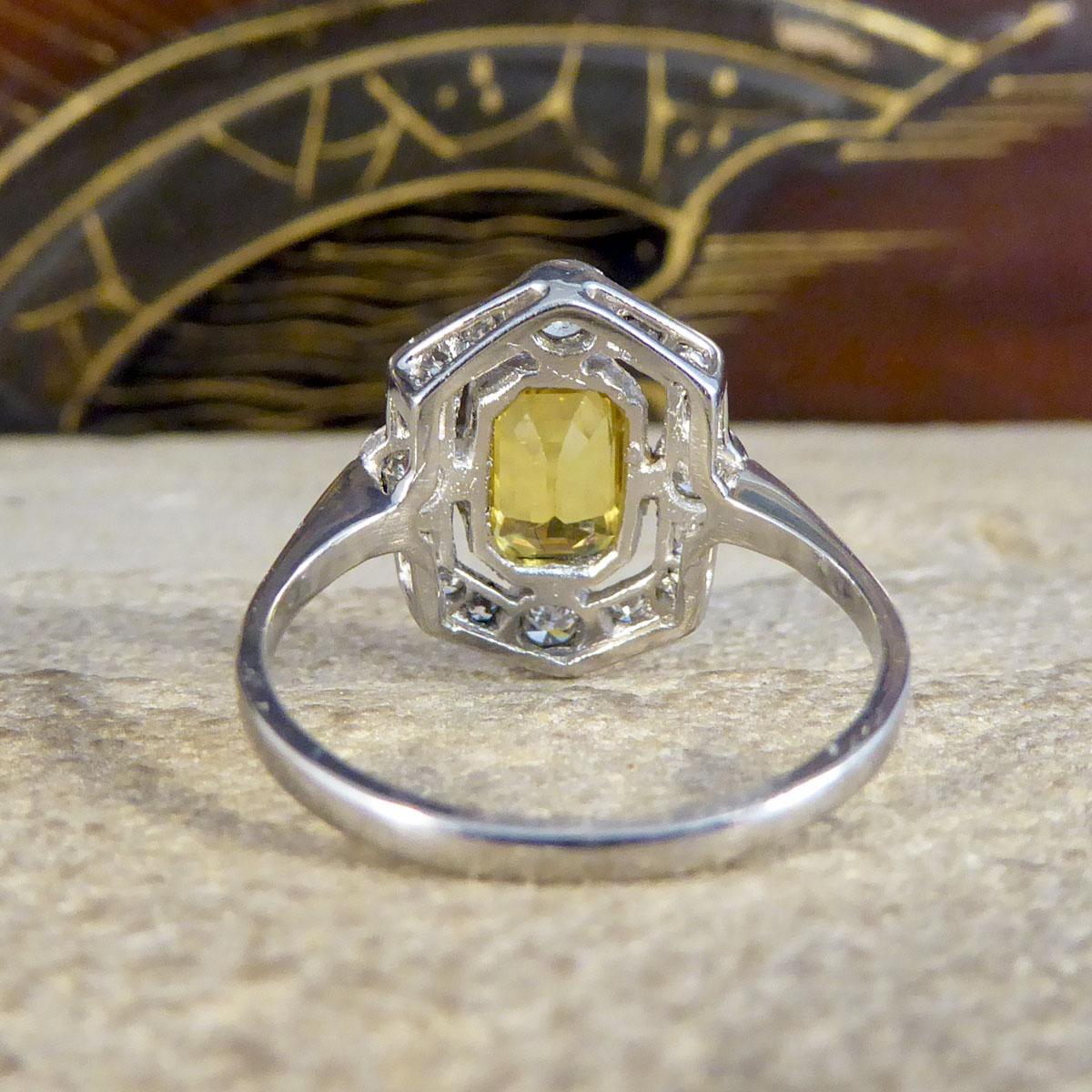 Emerald Cut Art Deco Style 1.25ct Yellow Sapphire and Diamond Halo Ring in Platinum