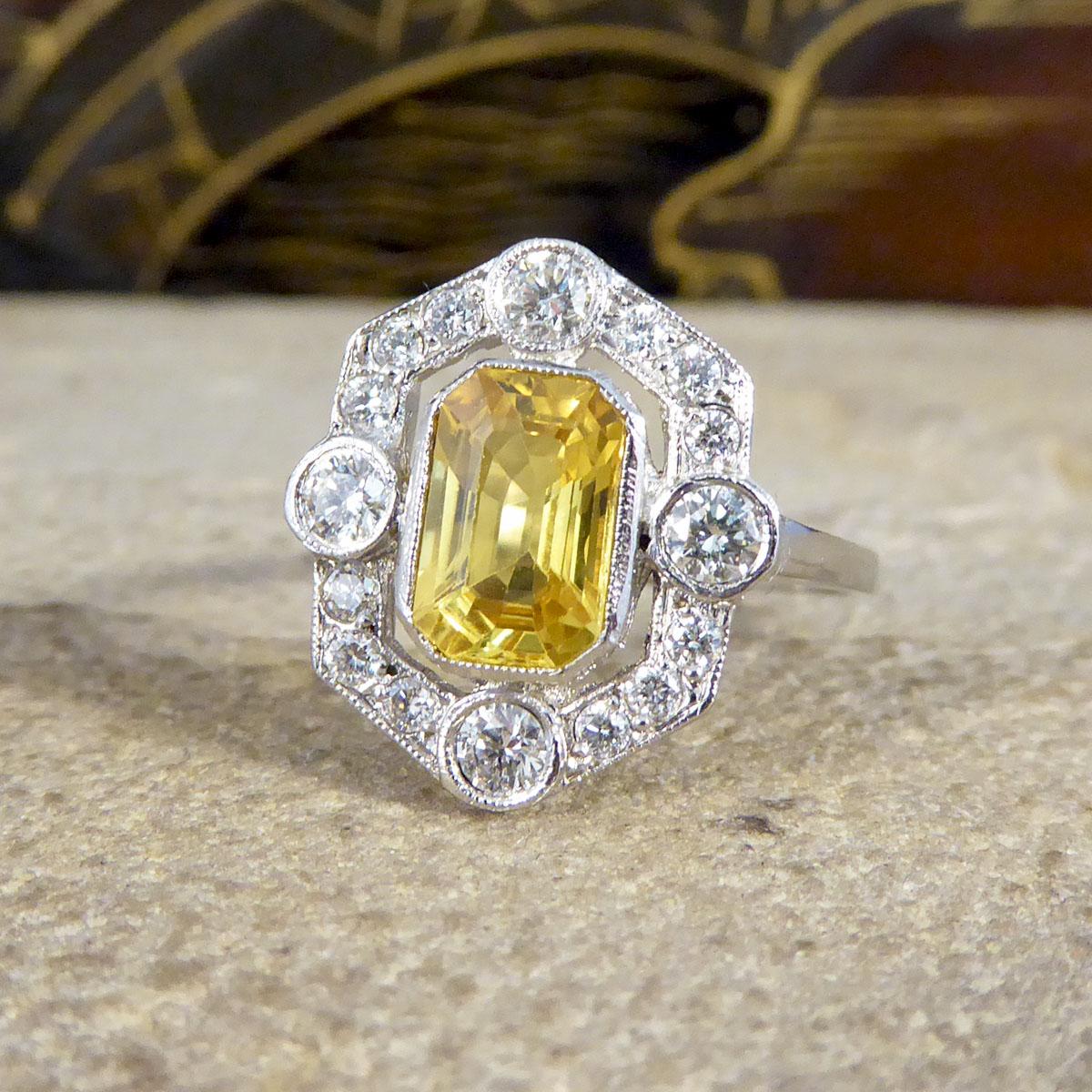 Art Deco Style 1.25ct Yellow Sapphire and Diamond Halo Ring in Platinum In Good Condition In Yorkshire, West Yorkshire