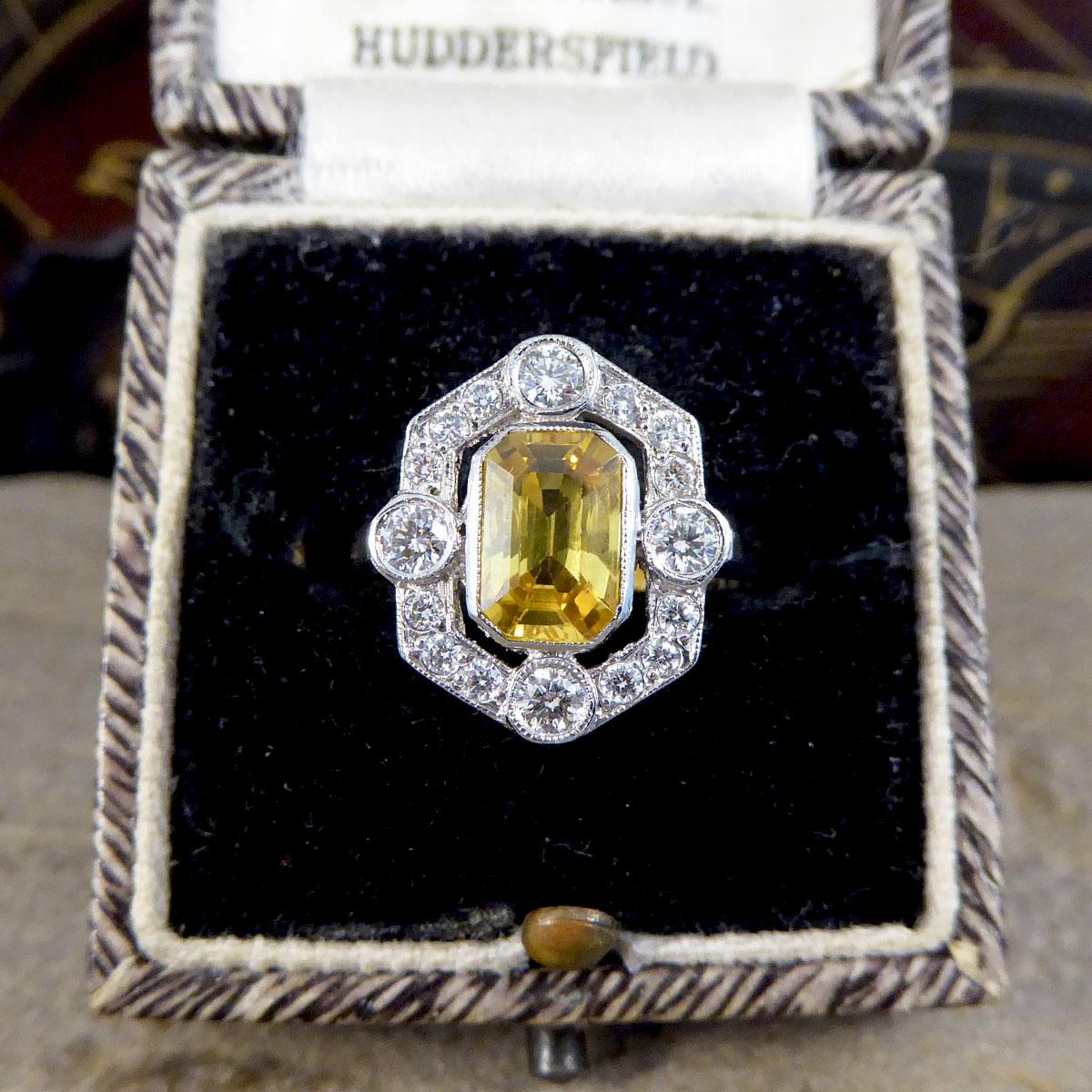 Art Deco Style 1.25ct Yellow Sapphire and Diamond Halo Ring in Platinum 2