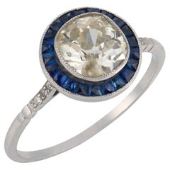 Art Deco style 1.26 carat old mine cut diamond sapphire platinum target ring