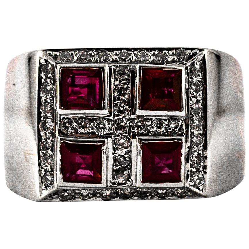Art Deco Style 1.26 Carat White Diamond Carré Cut Ruby White Gold Cocktail Ring