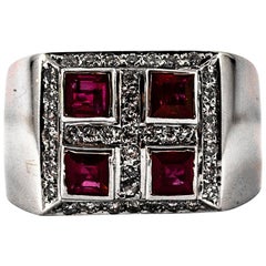 Retro Art Deco Style 1.26 Carat White Diamond Carré Cut Ruby White Gold Cocktail Ring