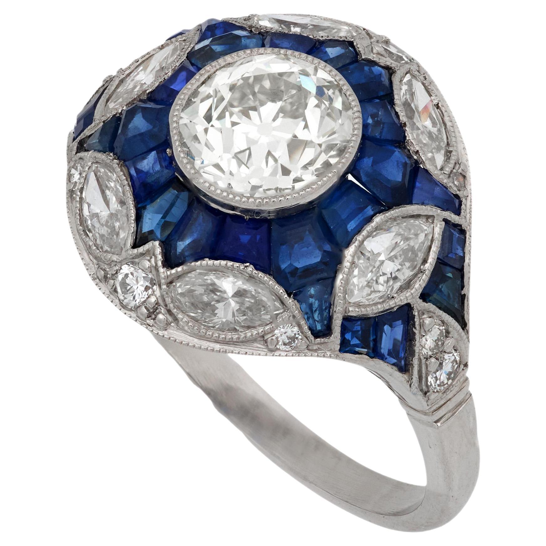 Bague en platine de style Art déco avec diamants et saphirs de 1.27 carat