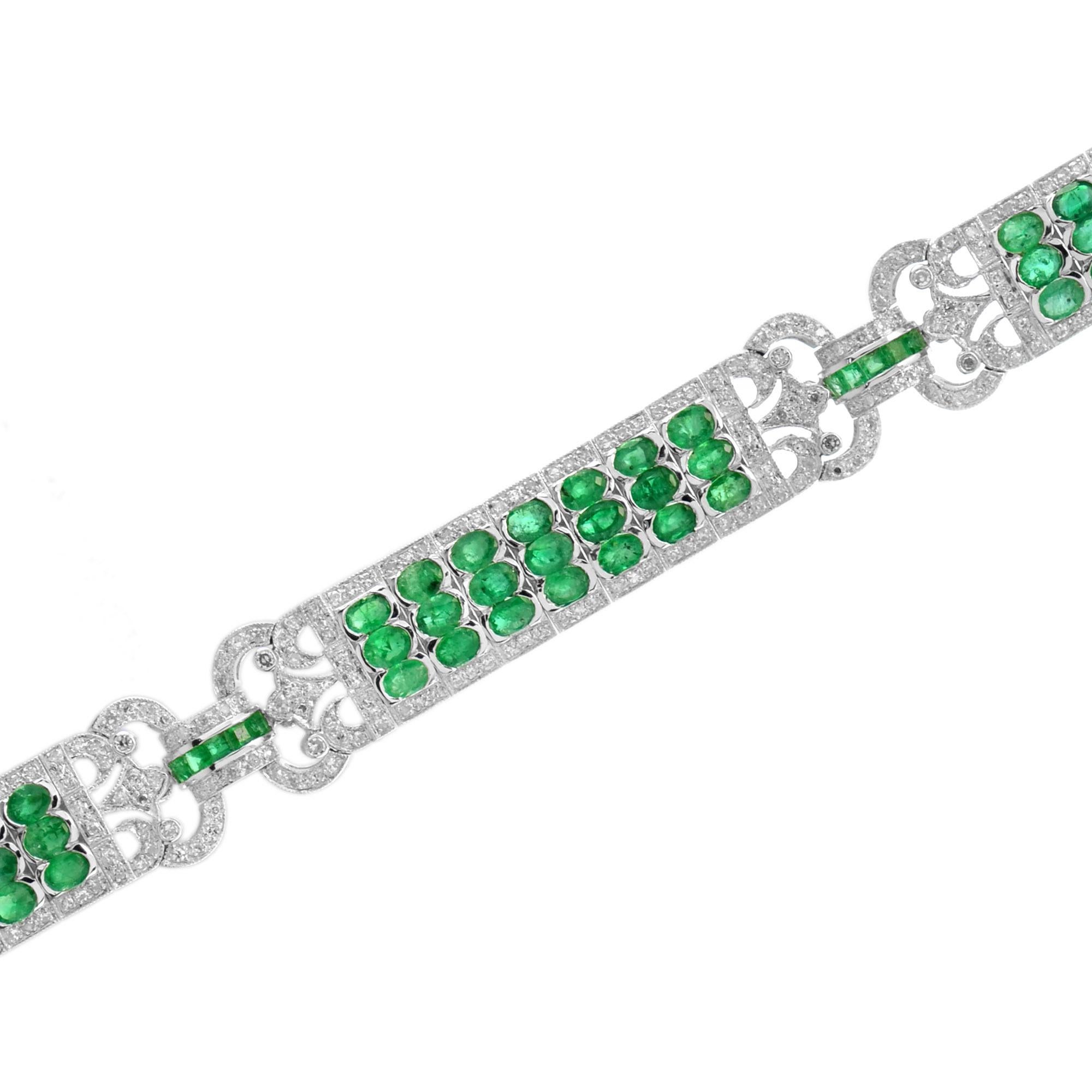 This Art Deco inspired oval and square natural emerald bracelet and diamond in 18k white gold accentuates its unique shapes though shimmering light, paying homage to the past and defining the future simultaneously. The bracelet features 12.89