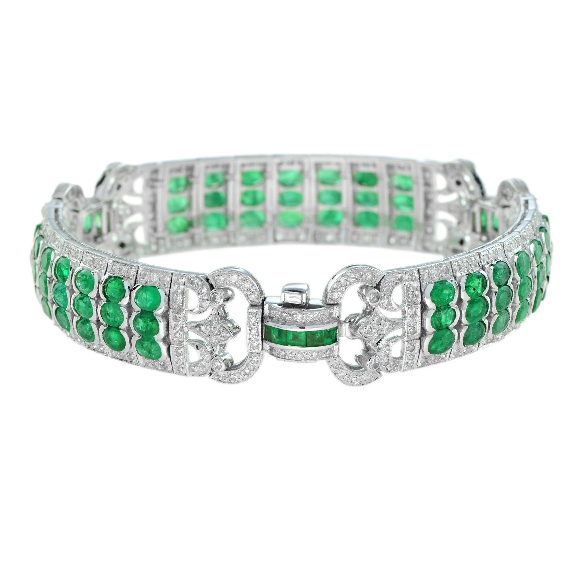 Oval Cut Art Deco Style 12.89 Ct. Emerald and Diamond Link Bracelet in 18K White Gold For Sale